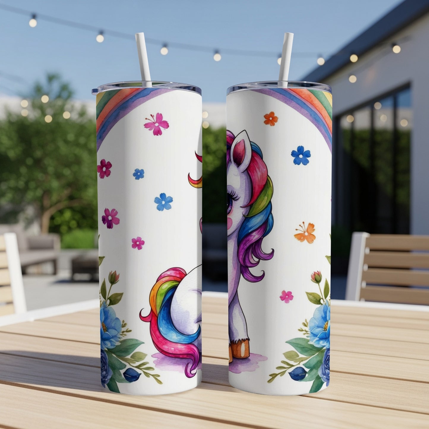 Unicorn illustration with flowers and butterflies on a white tumbler.