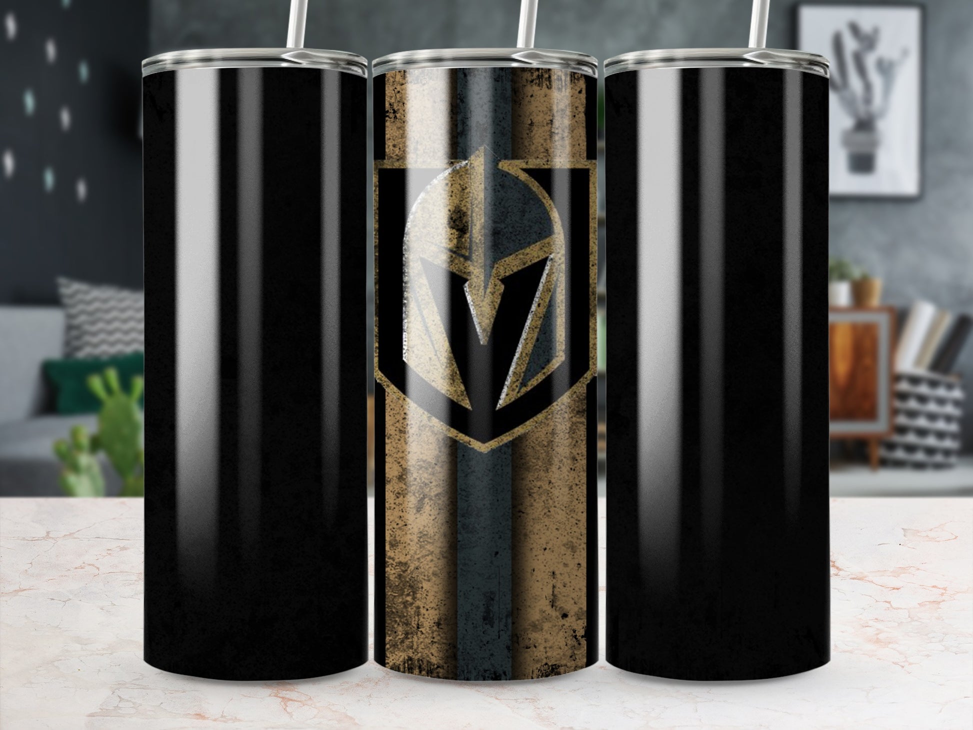 Stylish Black Tumbler With Rustic Warrior Emblem Design