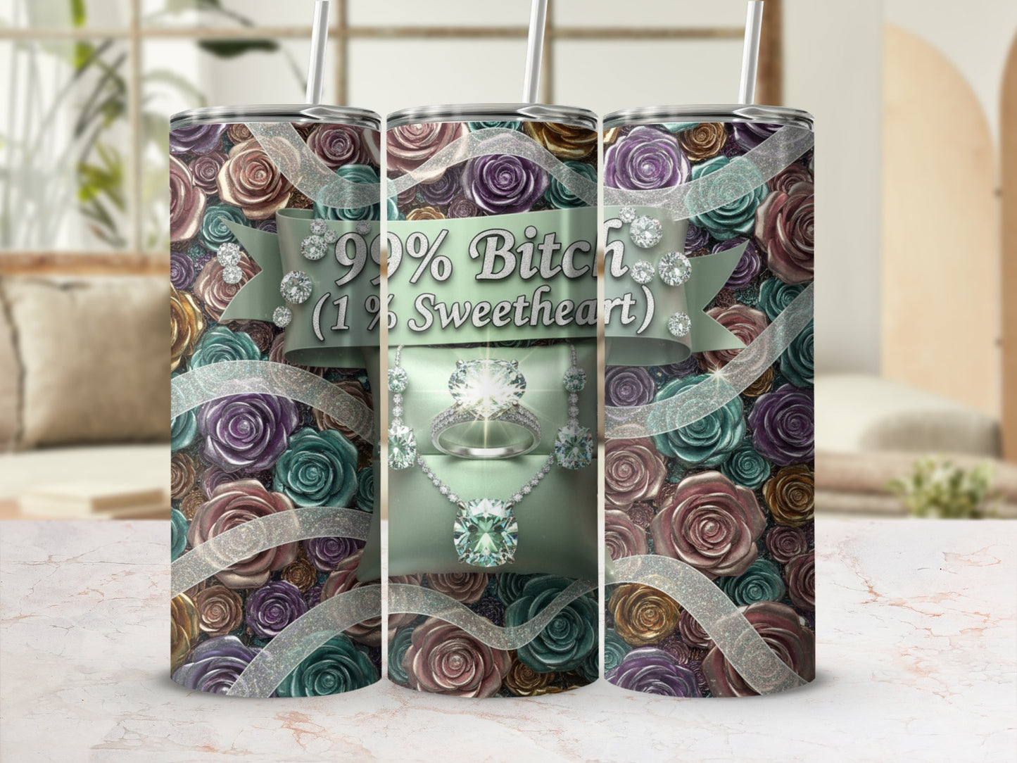99% Bitch 1% Sweetheart Floral Glitter Tumbler