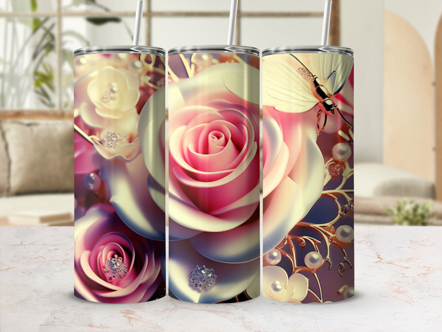 Three tumblers with large pink roses, gold accents, and butterflies.