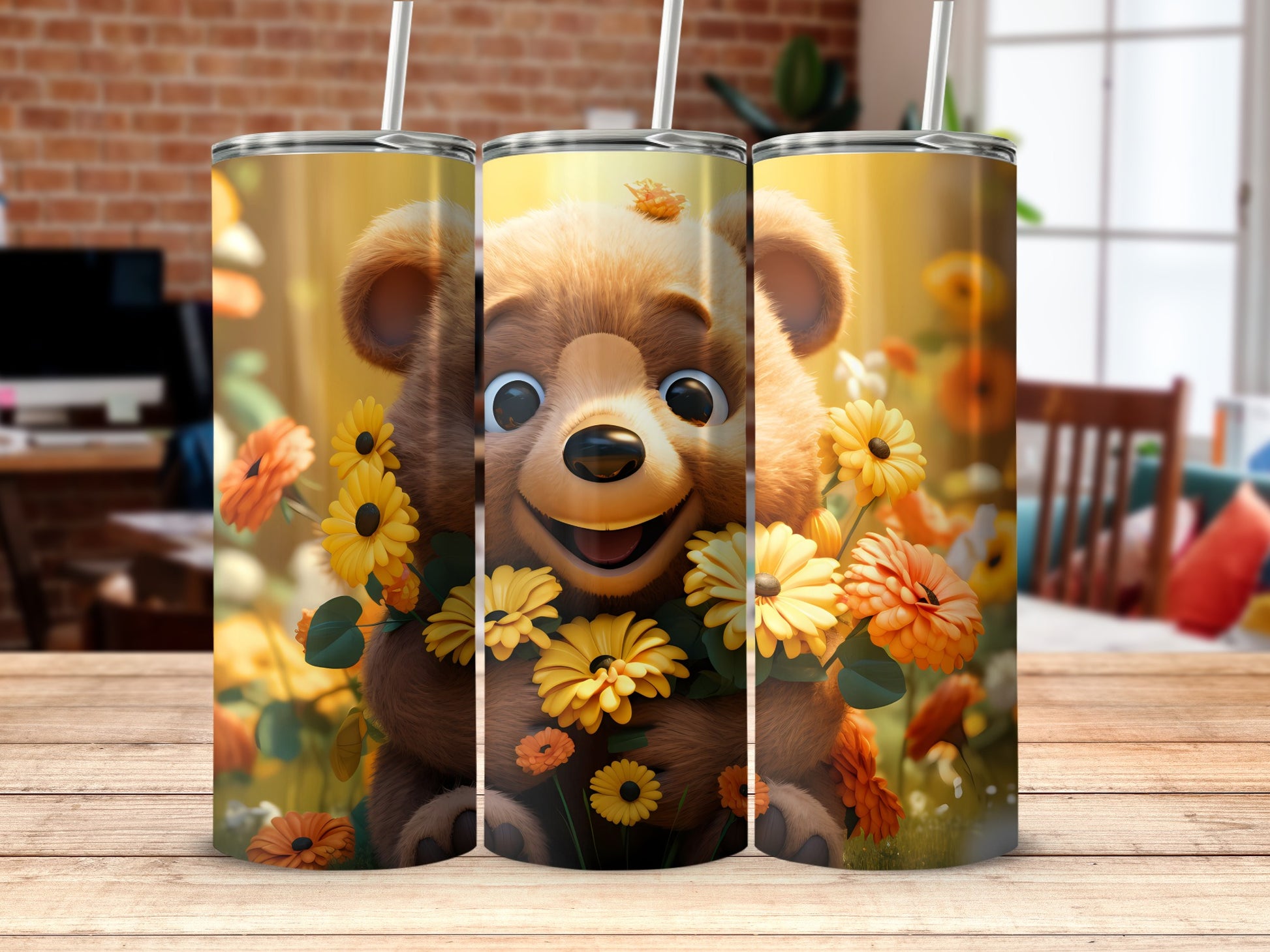 Cute Happy Bear Yellow Orange Flowers Nature Scene product type