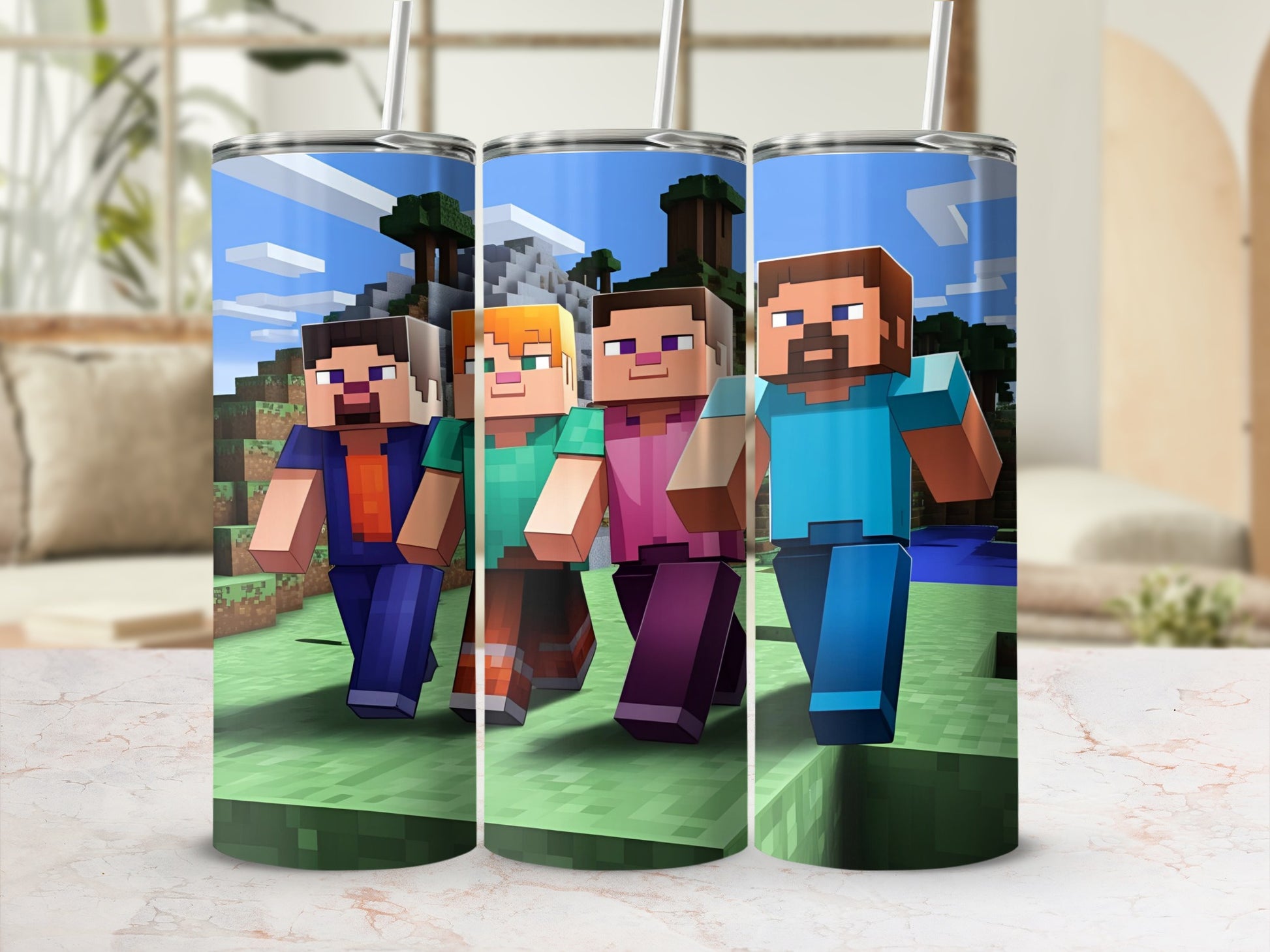 Minecraft characters Steve and Alex walking on grassy terrain.
