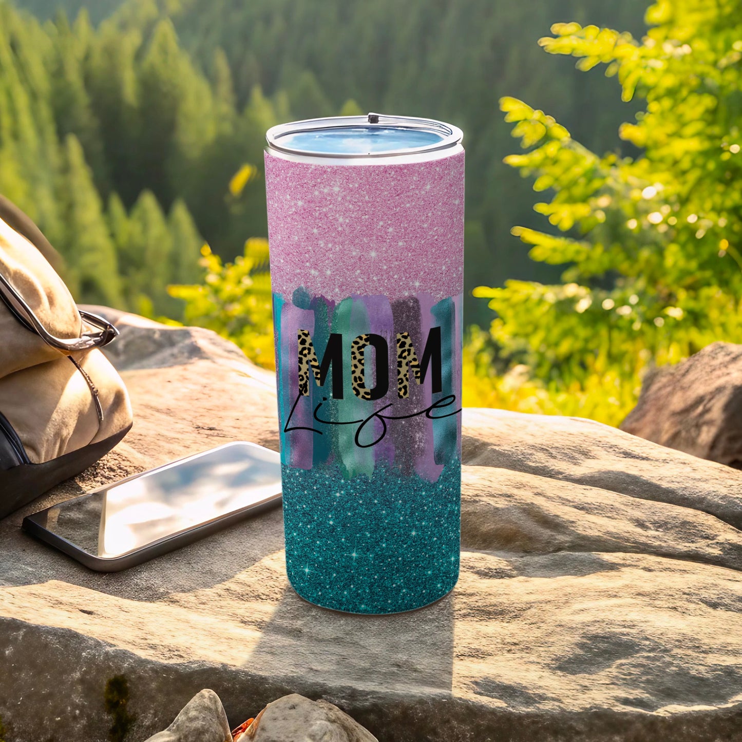 Mom Life Glitter Pink Teal Brush Strokes Tumbler product type