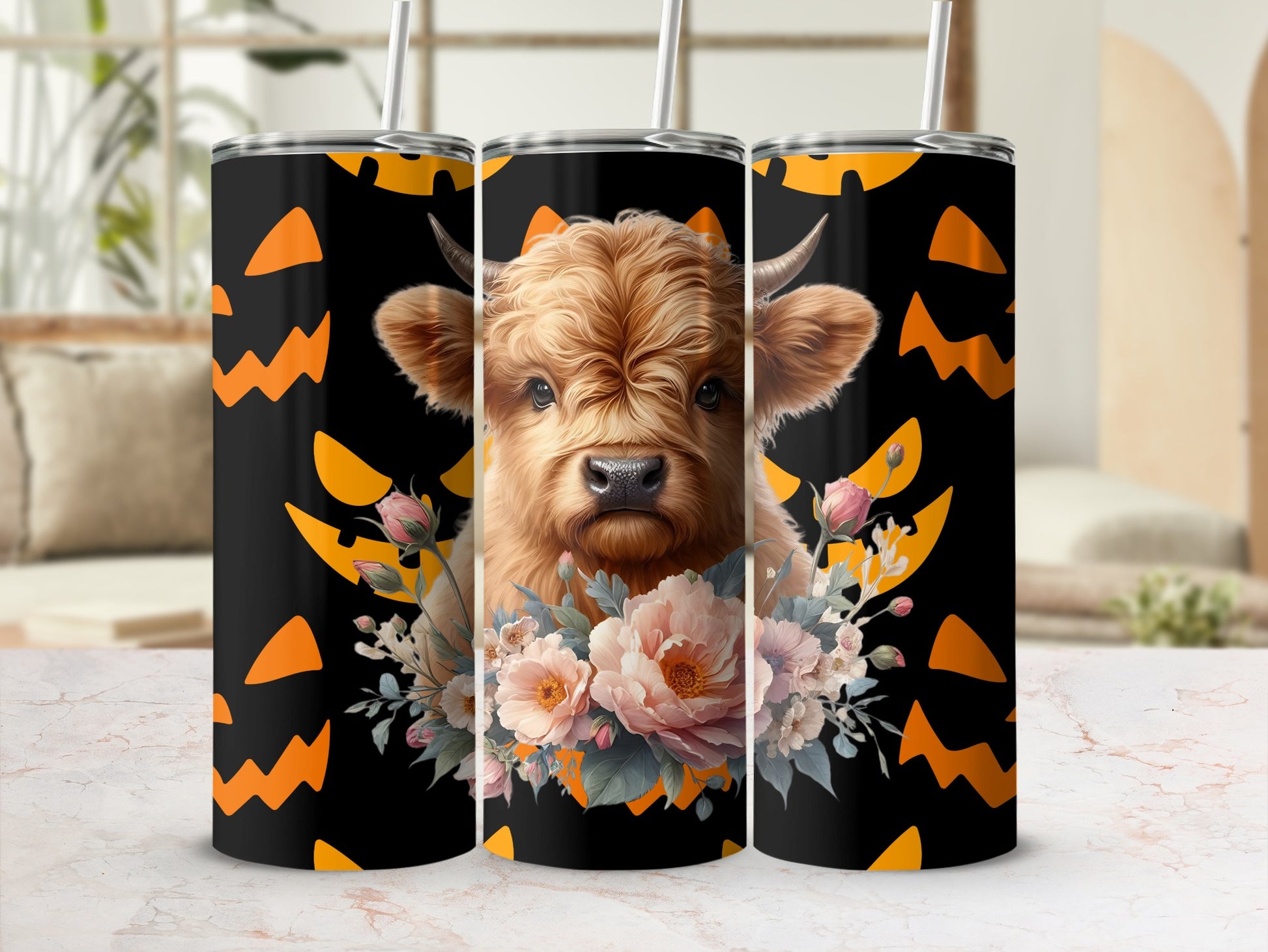 Cute Highland Cow and Halloween Pumpkins Tumbler