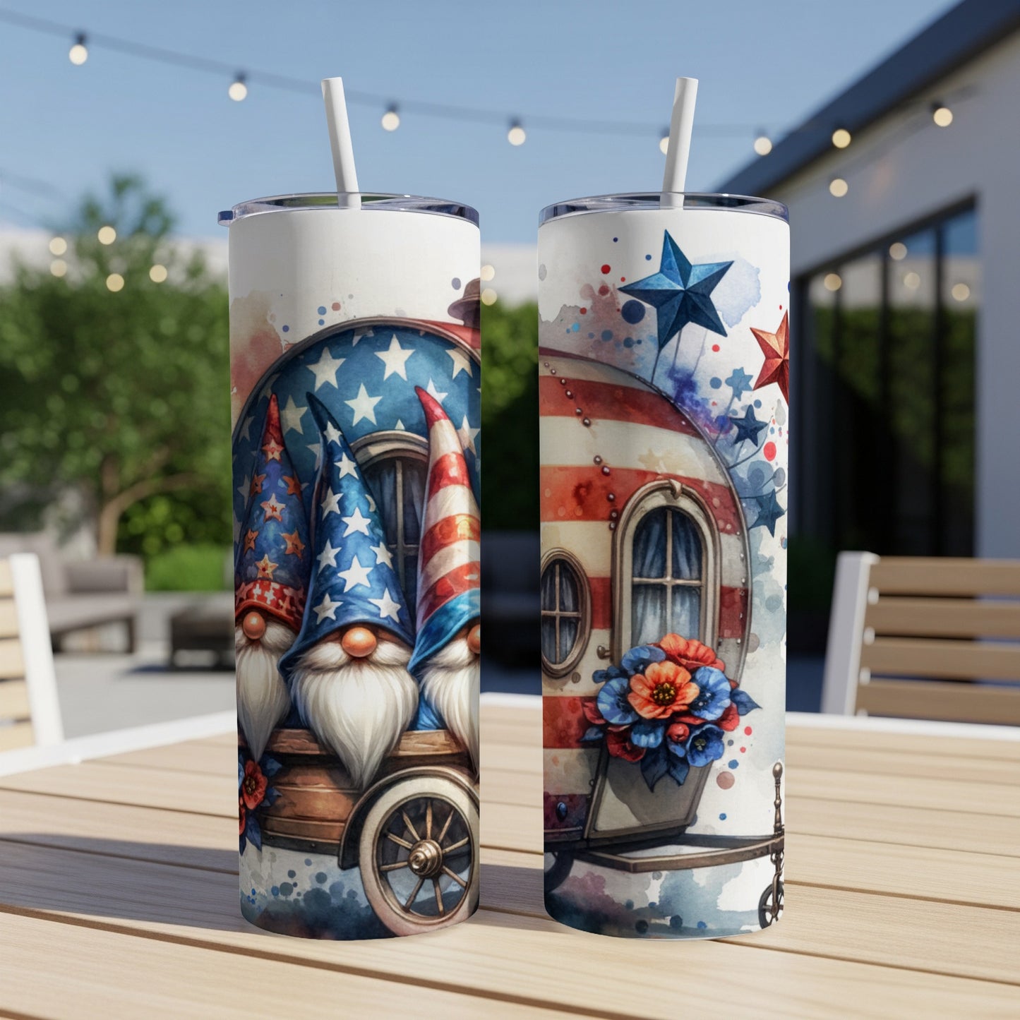 Patriotic gnomes and a camper trailer with stars and stripes, on a skinny tumbler.