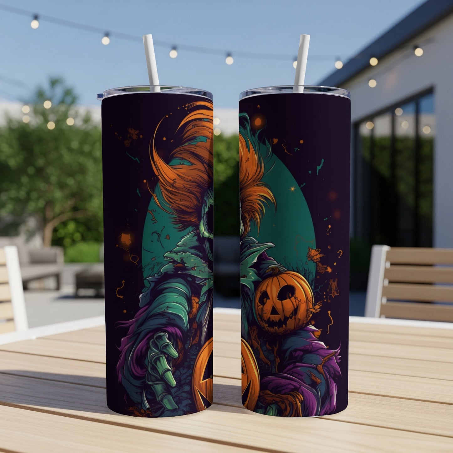 Two tumblers with a spooky Halloween clown and jack-o'-lantern design.
