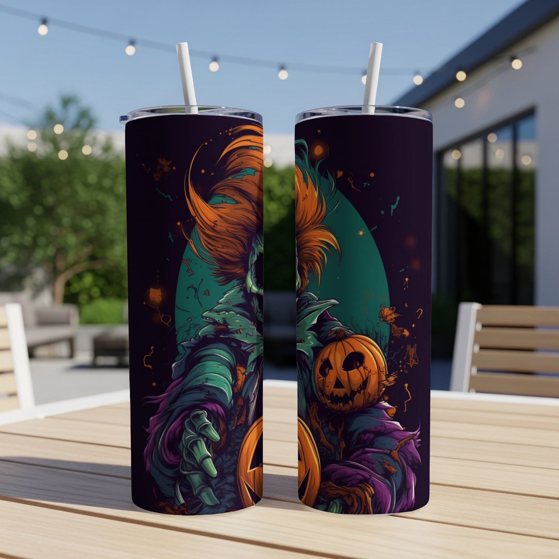 Two tumblers with a spooky Halloween clown and jack-o'-lantern design.