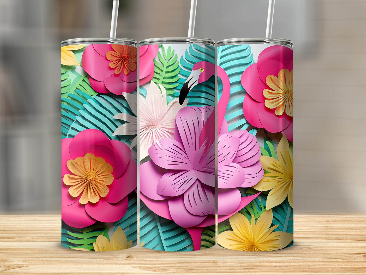 Colorful Tropical Flowers and Flamingo Tumbler Cup