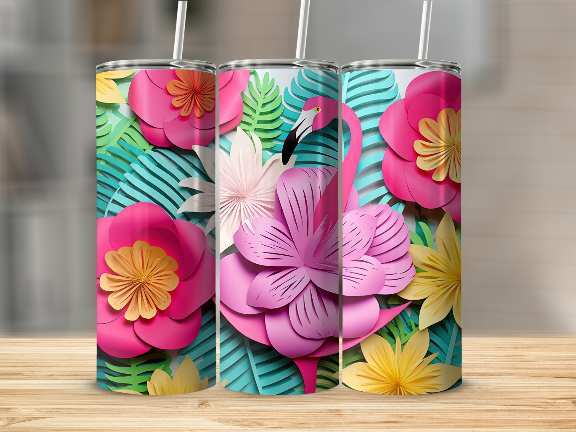Colorful Tropical Flowers and Flamingo Tumbler Cup