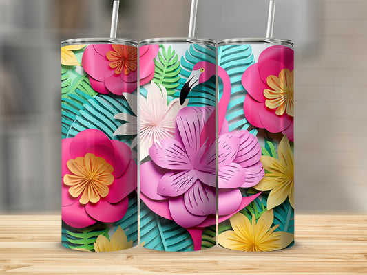 Colorful Tropical Flowers and Flamingo Tumbler Cup