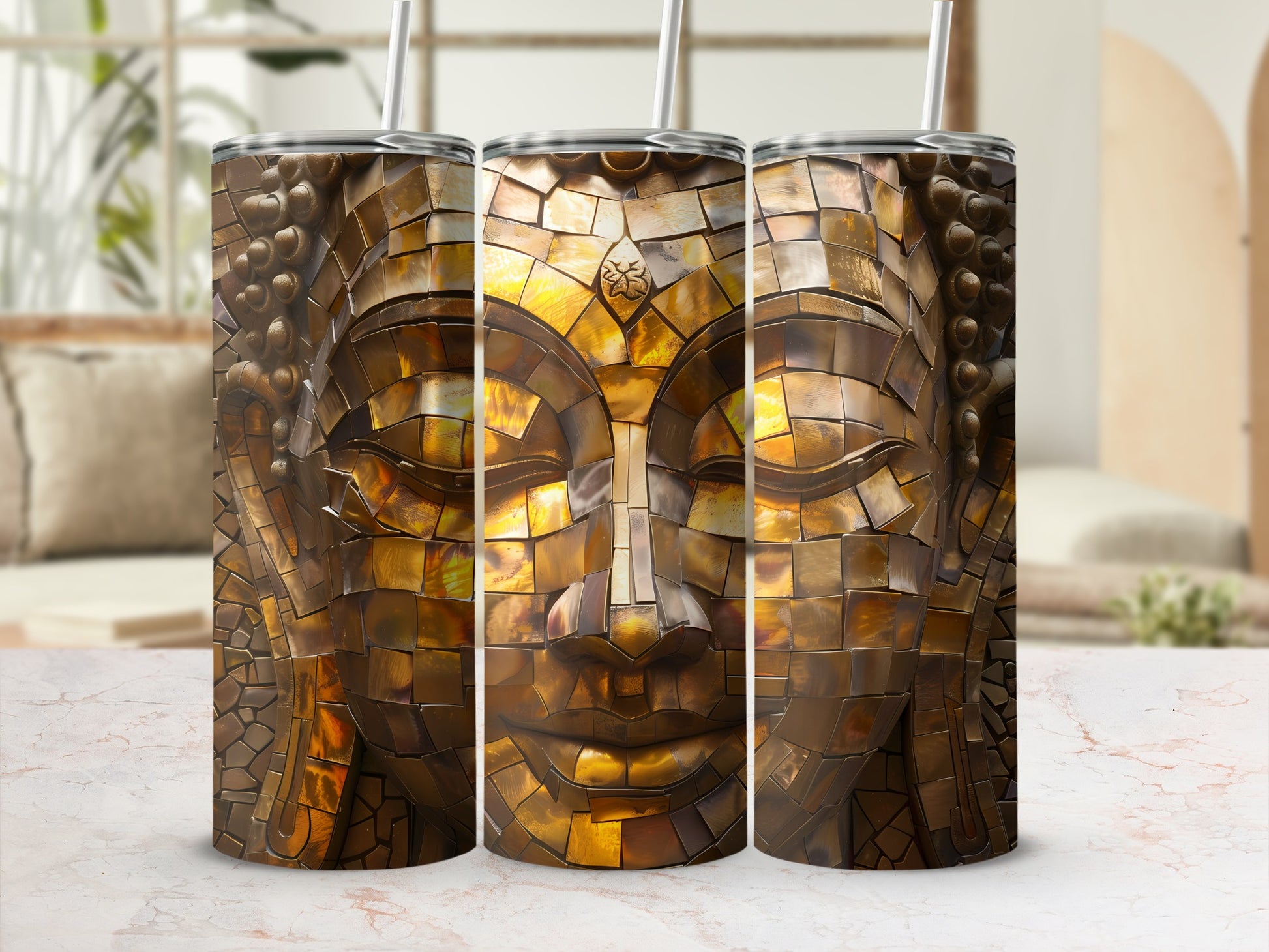 Three golden mosaic Buddha tumblers with straws on a marbled surface.