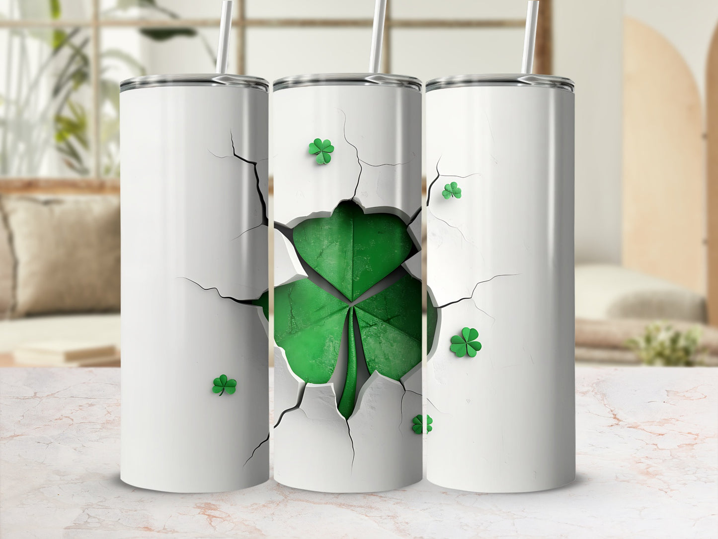 White tumbler with cracked design revealing shamrock and clovers.