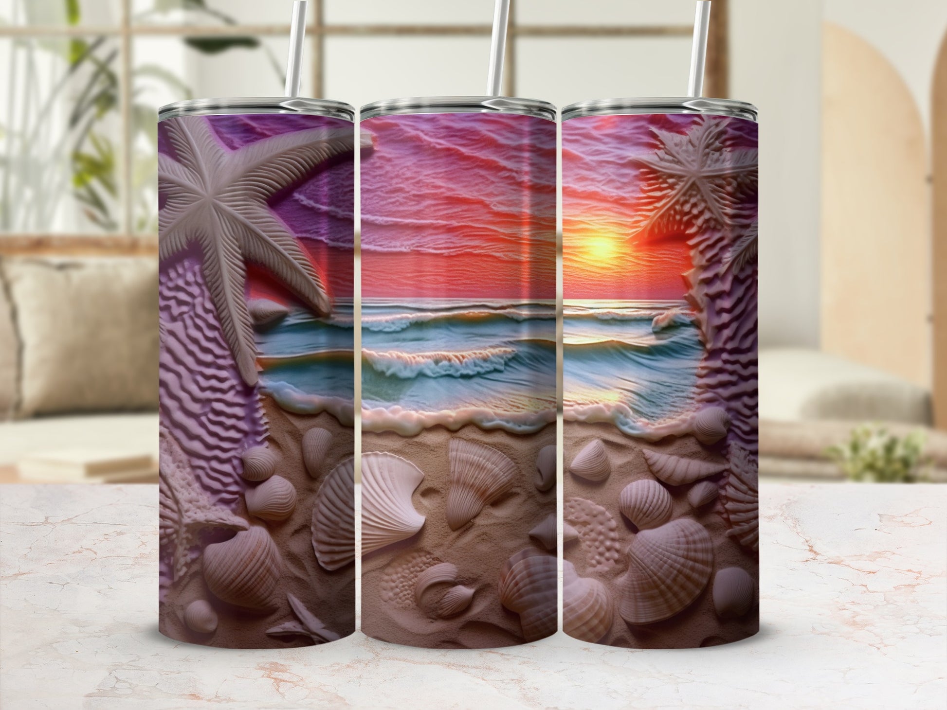 Three tumblers with a beach sunset, palm tree, and seashells design.