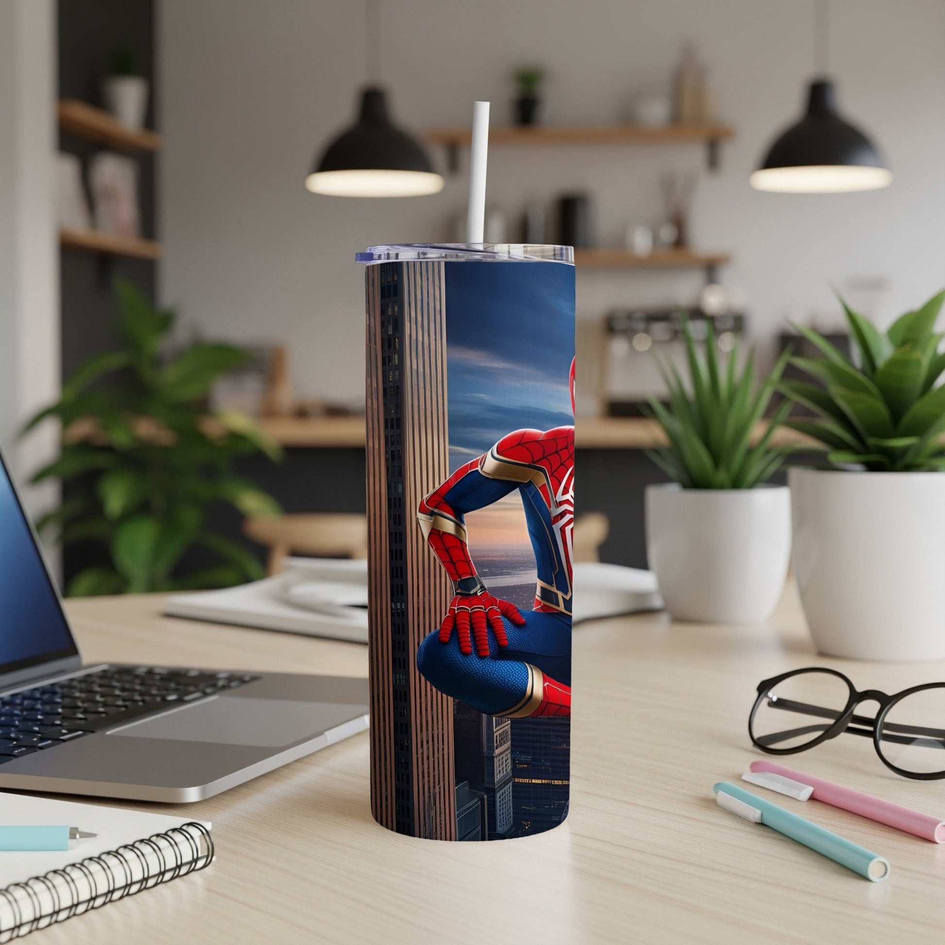 Spiderman tumbler with city skyline background.
