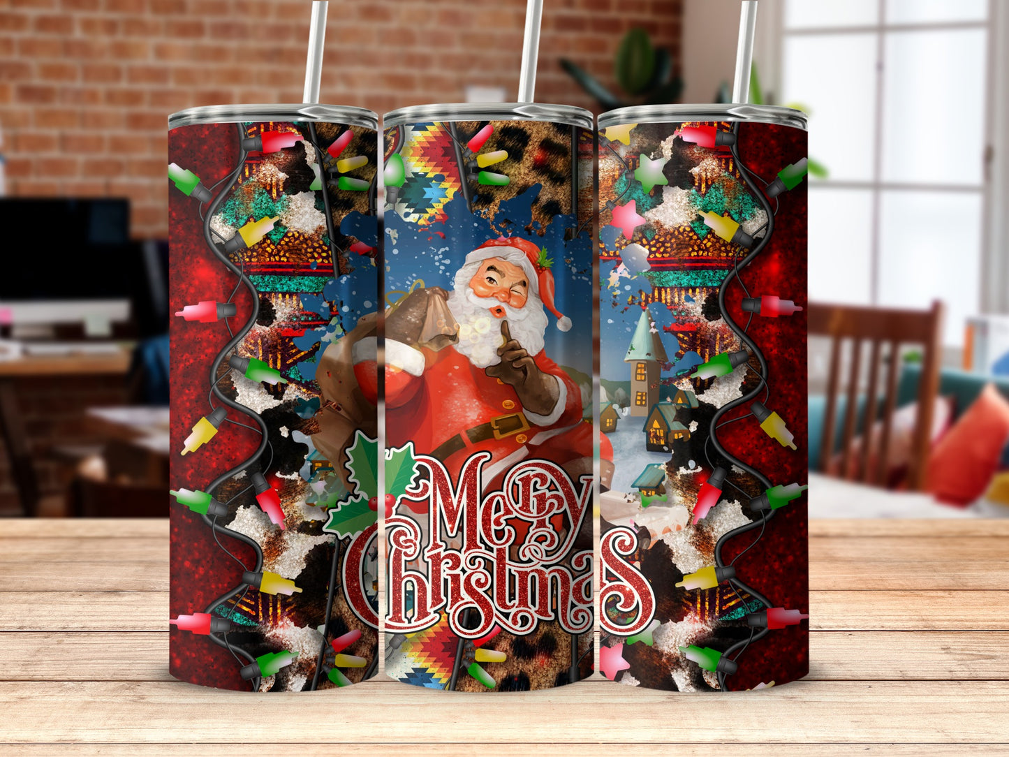 Santa Claus holding a gift bag with "Merry Christmas" text and festive lights.