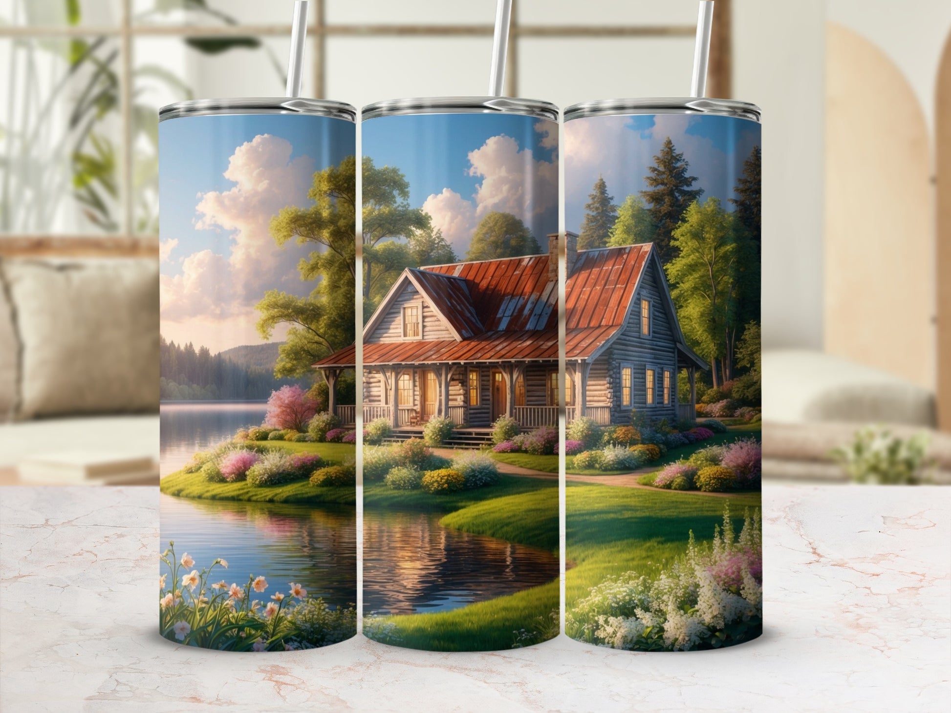 Rustic wooden cabin by a lake with flowering bushes and trees.