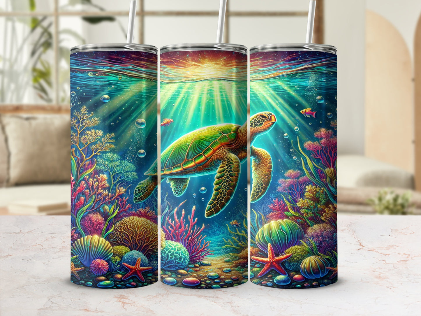 Beautiful Underwater Sea Turtle Tumbler with Coral Reefs