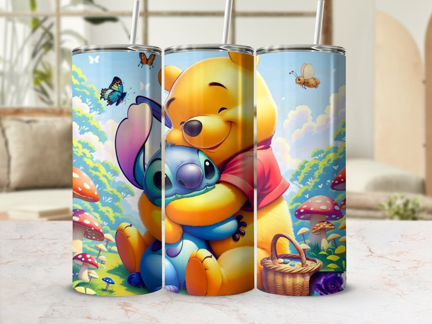 Cute Cartoon Characters Tumbler with Nature Scene Design