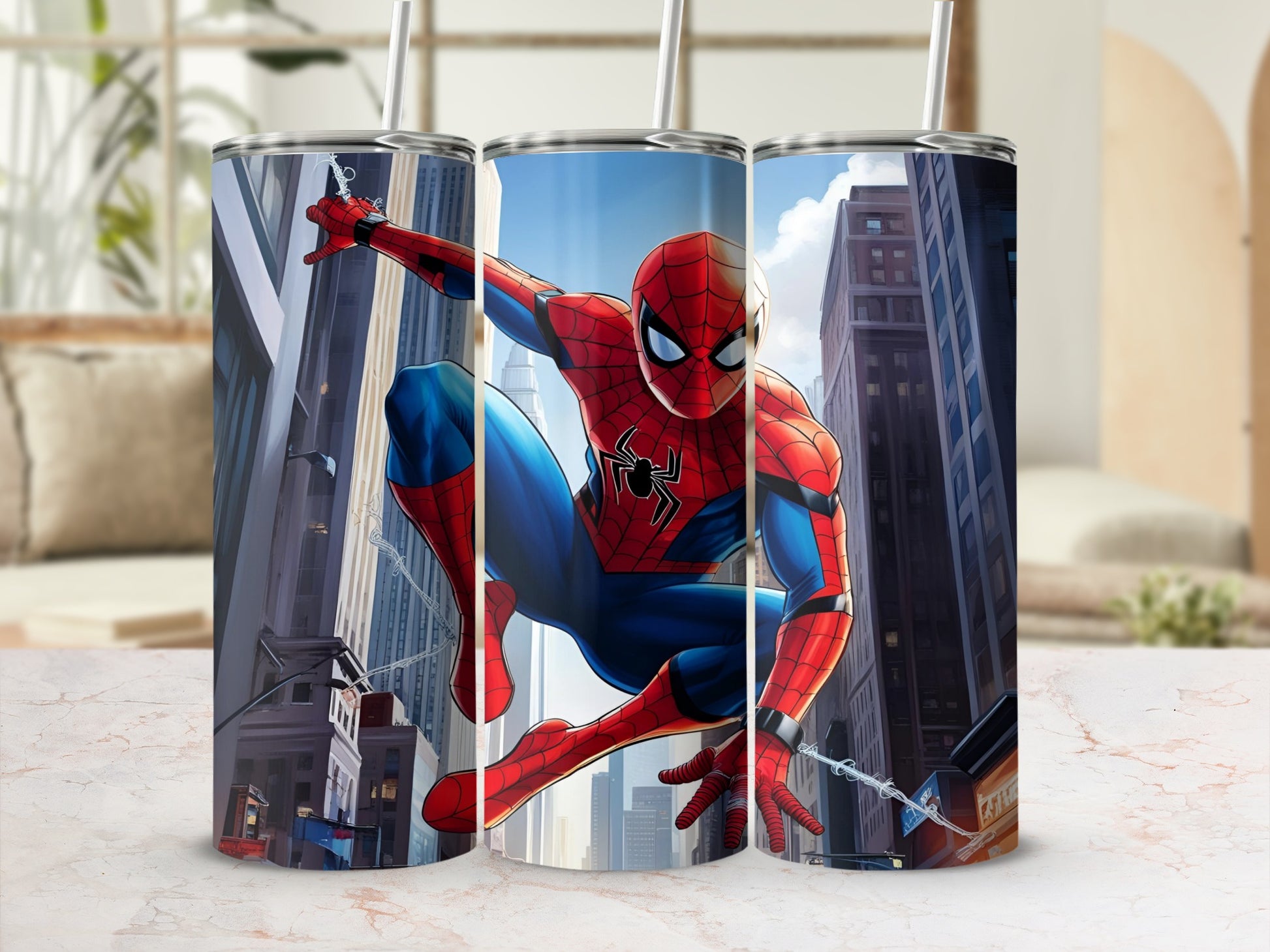 Spiderman tumbler with city background and skyscrapers.