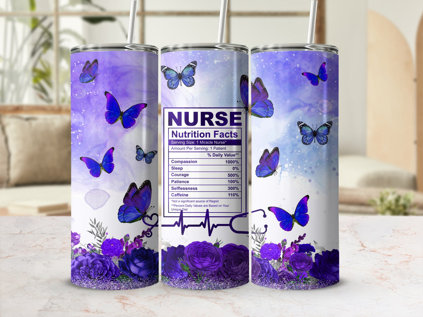 Purple tumbler with "Nurse Nutrition Facts" label and floral butterfly design.