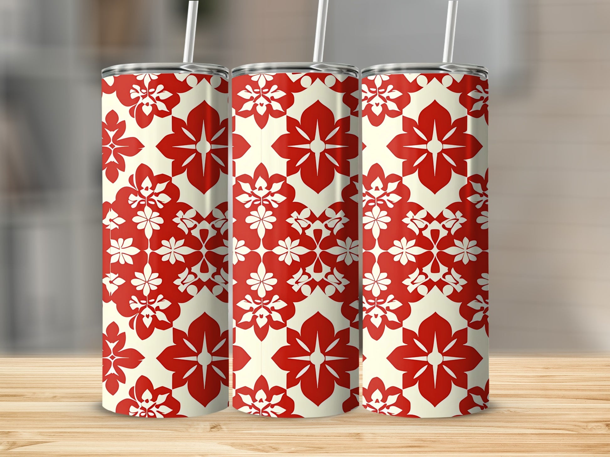 Red and White Floral Pattern Double-Wall Tumbler