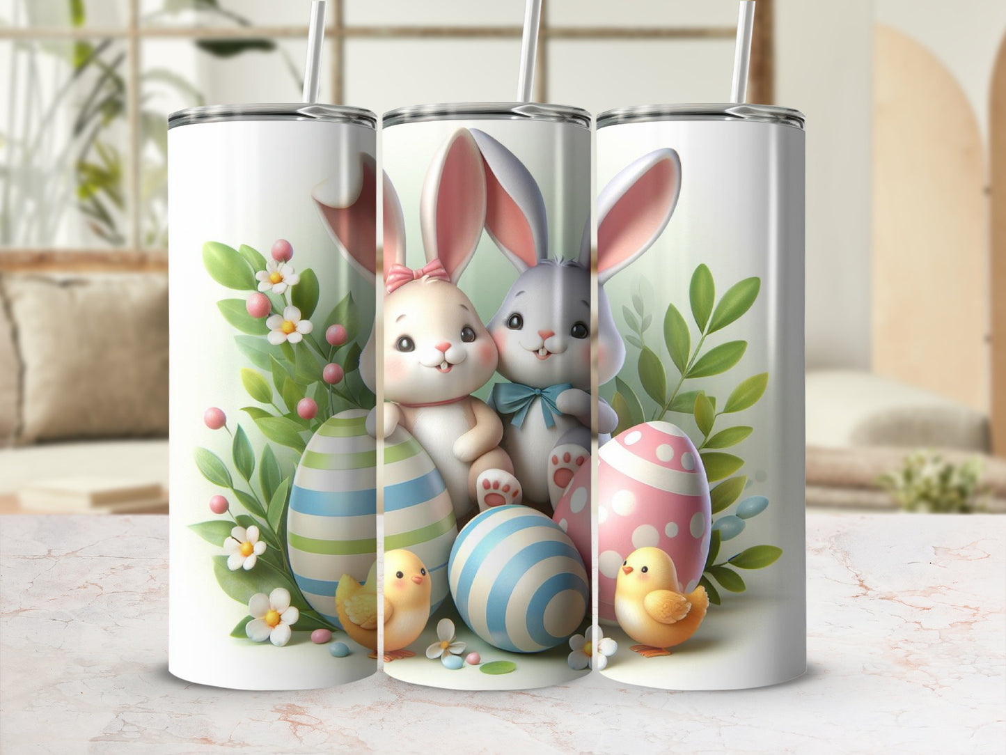 Easter bunnies and chicks with decorated eggs and greenery.