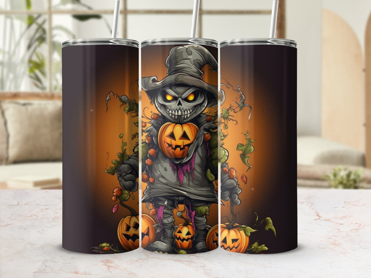 Three tumblers showing a cartoon monster with a pumpkin head and glowing eyes.