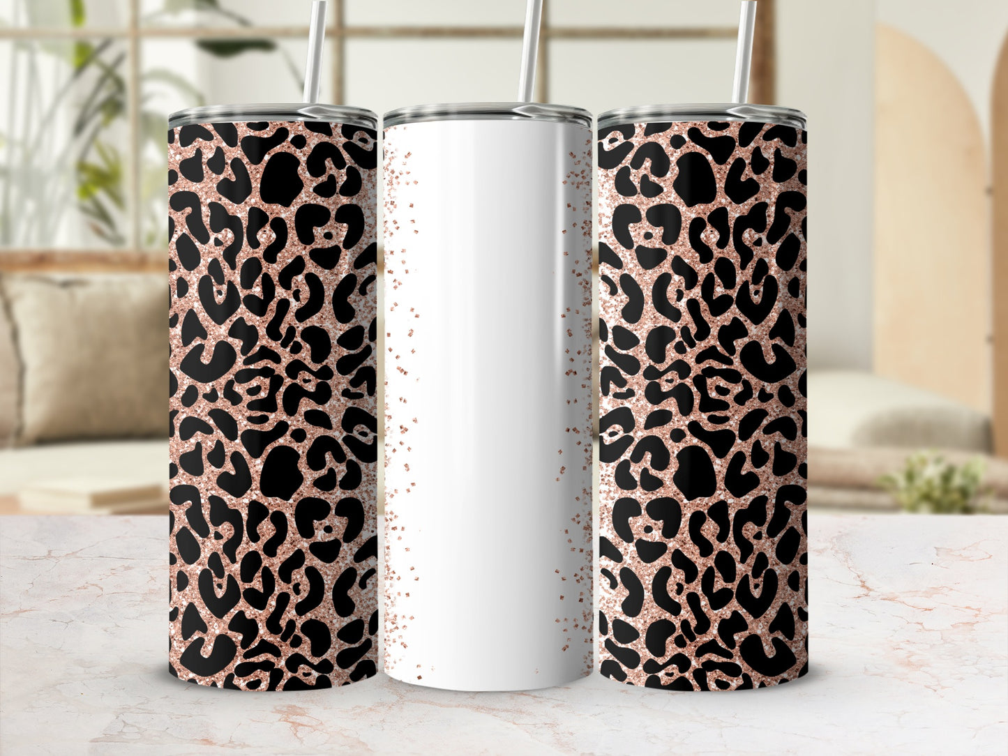 Leopard print tumbler with rose gold glitter accent on white.
