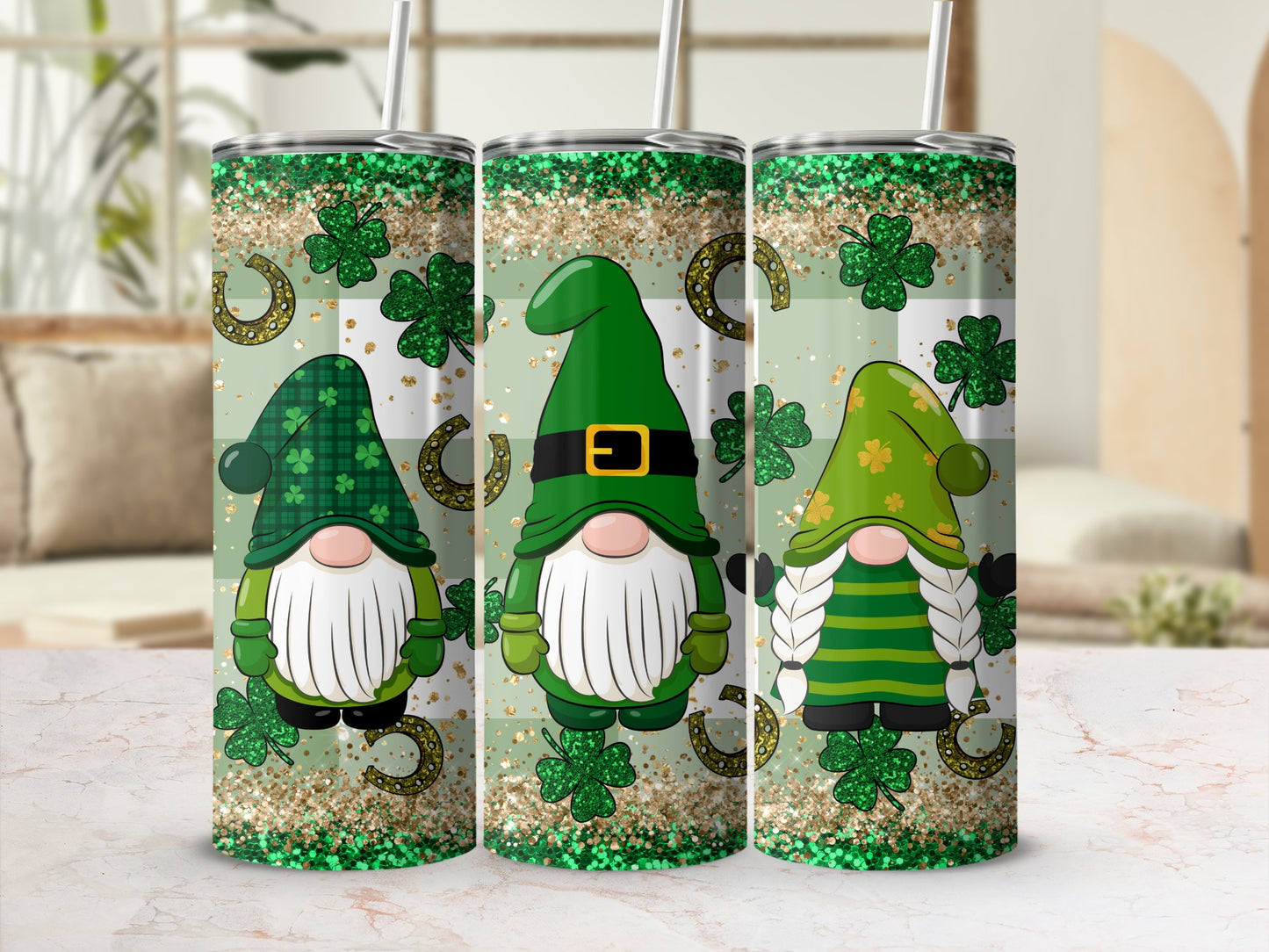 Three St. Patrick's Day gnomes with shamrocks and glitter on tumblers.