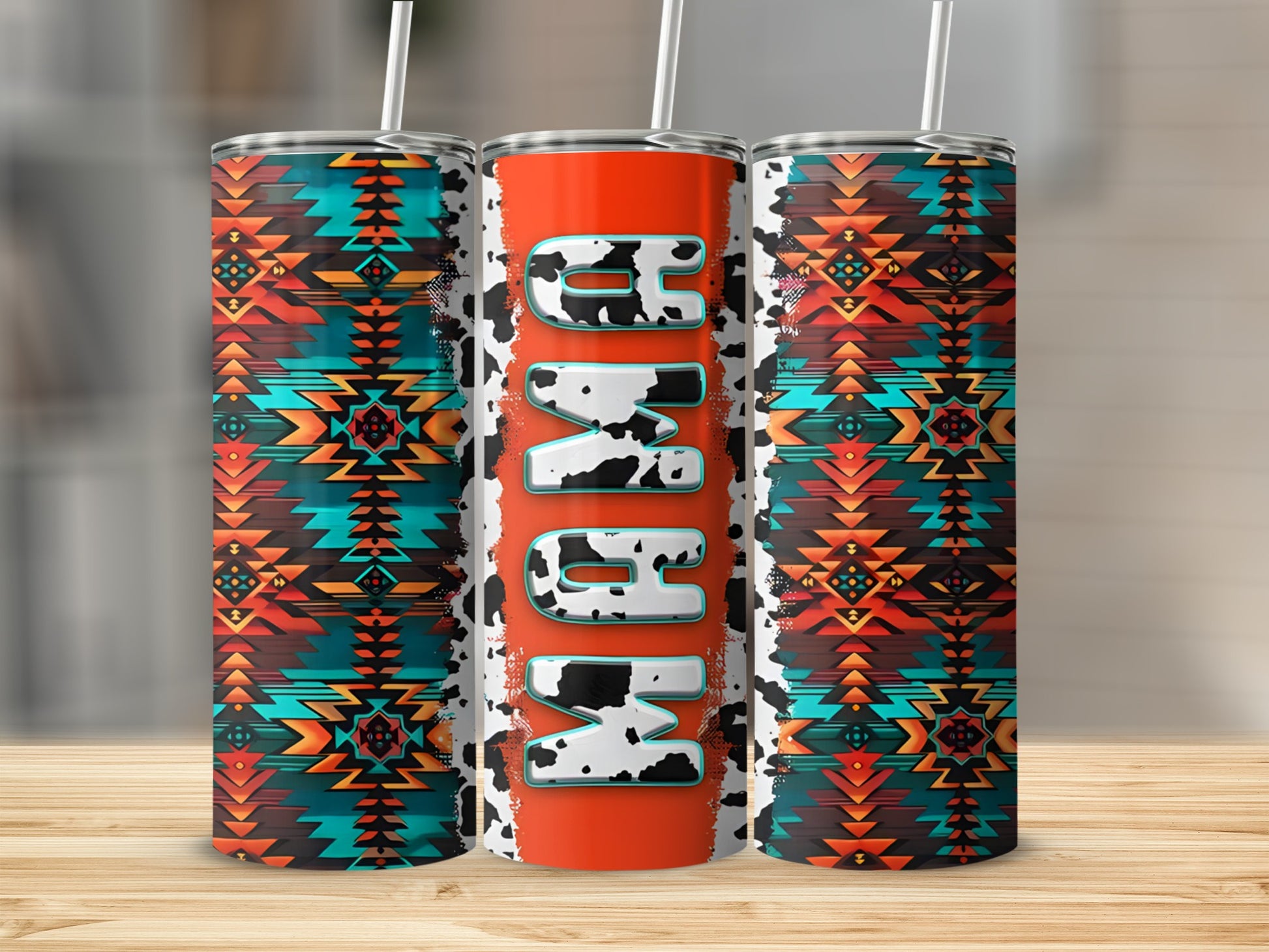 Tumbler with abstract geometric pattern and "MOM" in cow print.