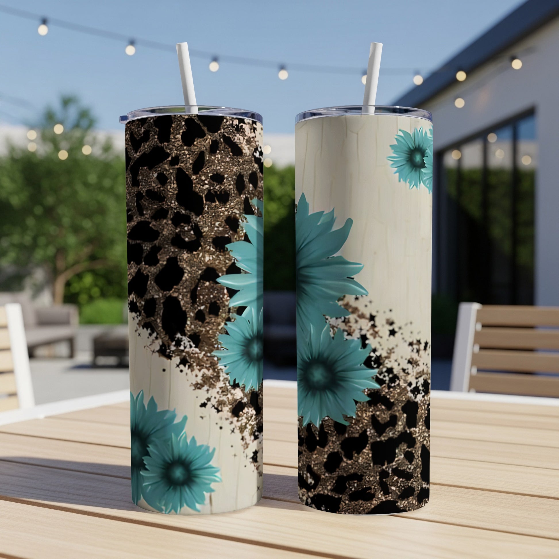 Two tall tumblers with teal sunflowers, leopard print, and wood grain design.