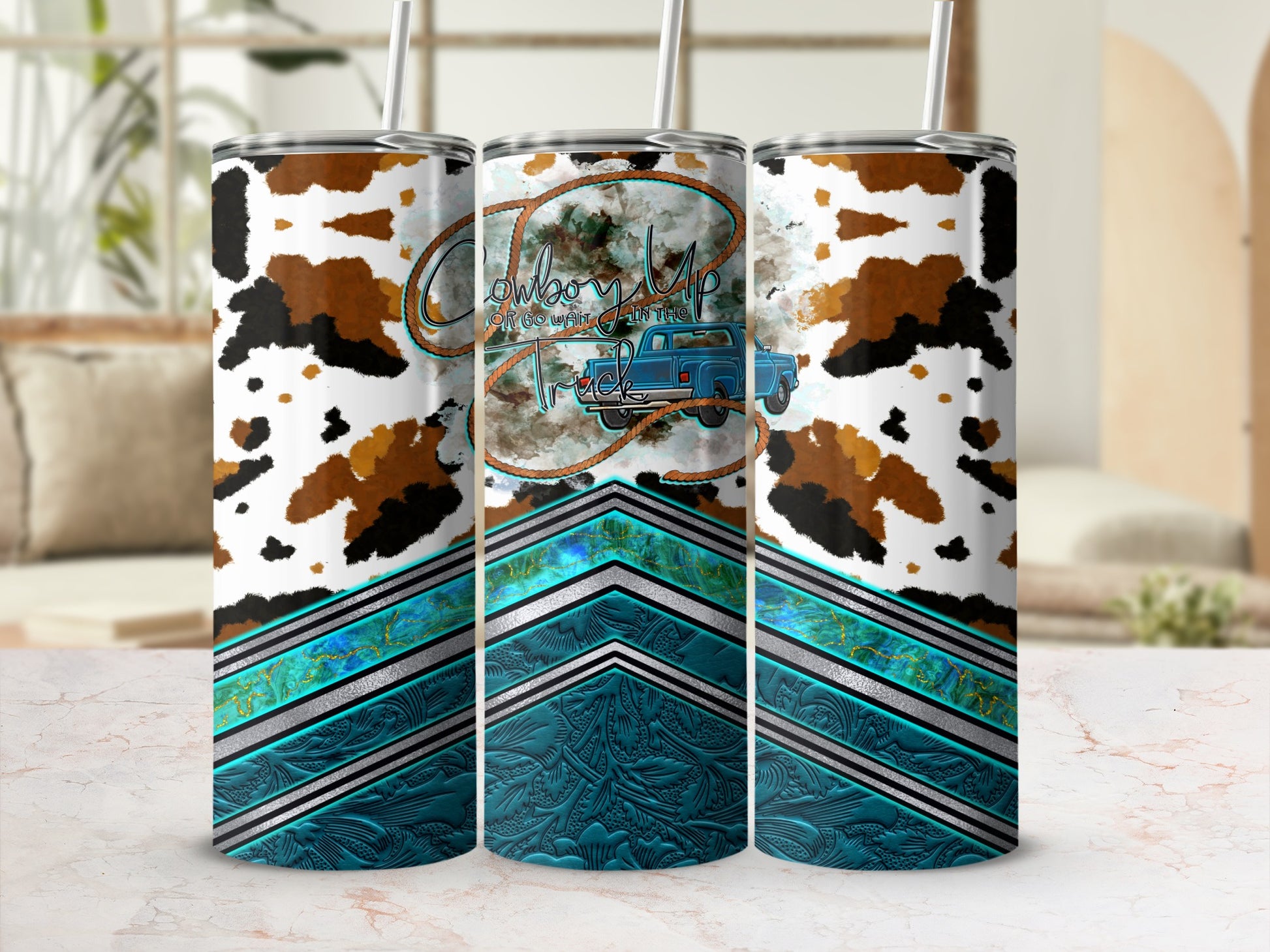 Cowboy truck and turquoise western design on a tumbler.