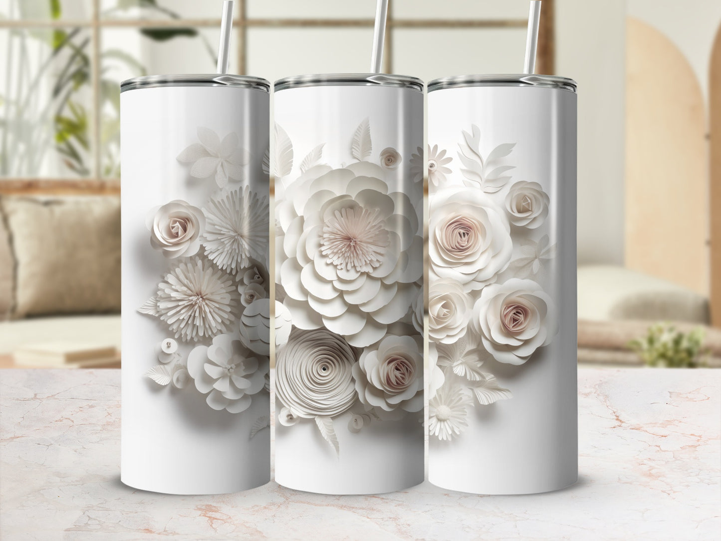 Elegant White Floral Design Insulated Tumbler Product