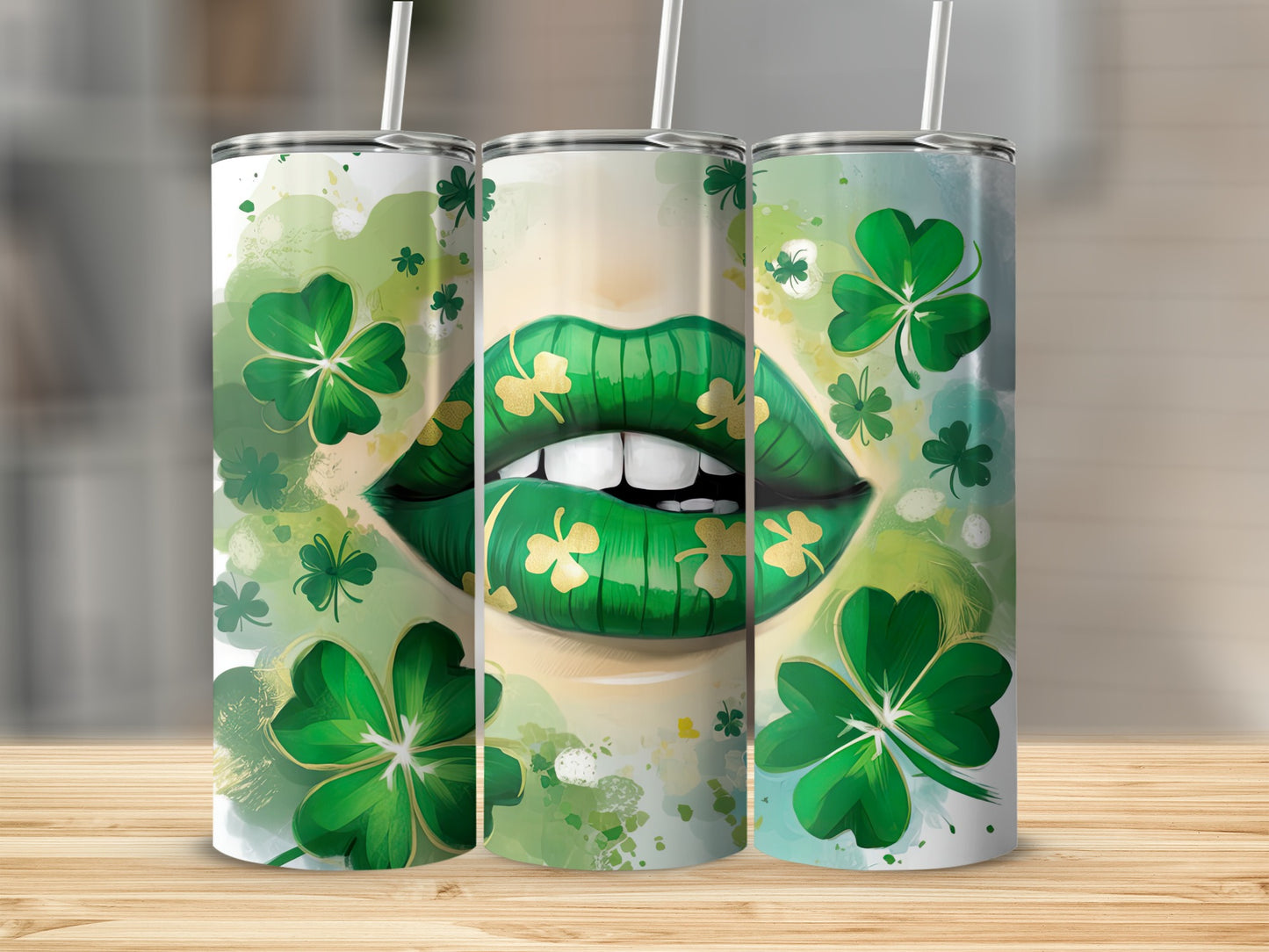 St. Patrick's Day tumbler with green lips and shamrocks.