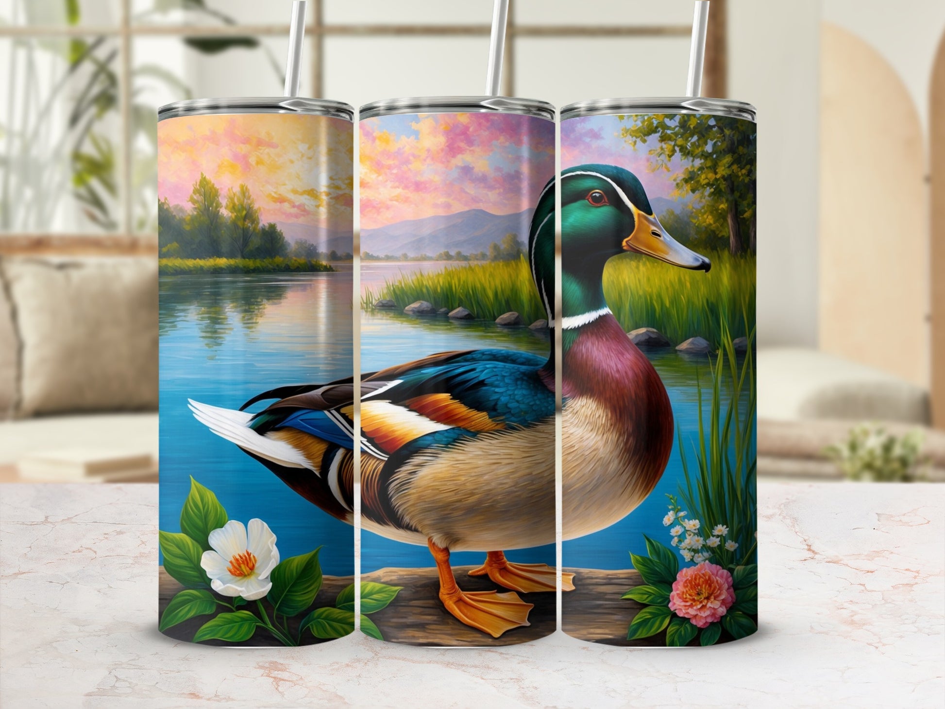 Mallard duck standing on a wooden dock, with a landscape scene.