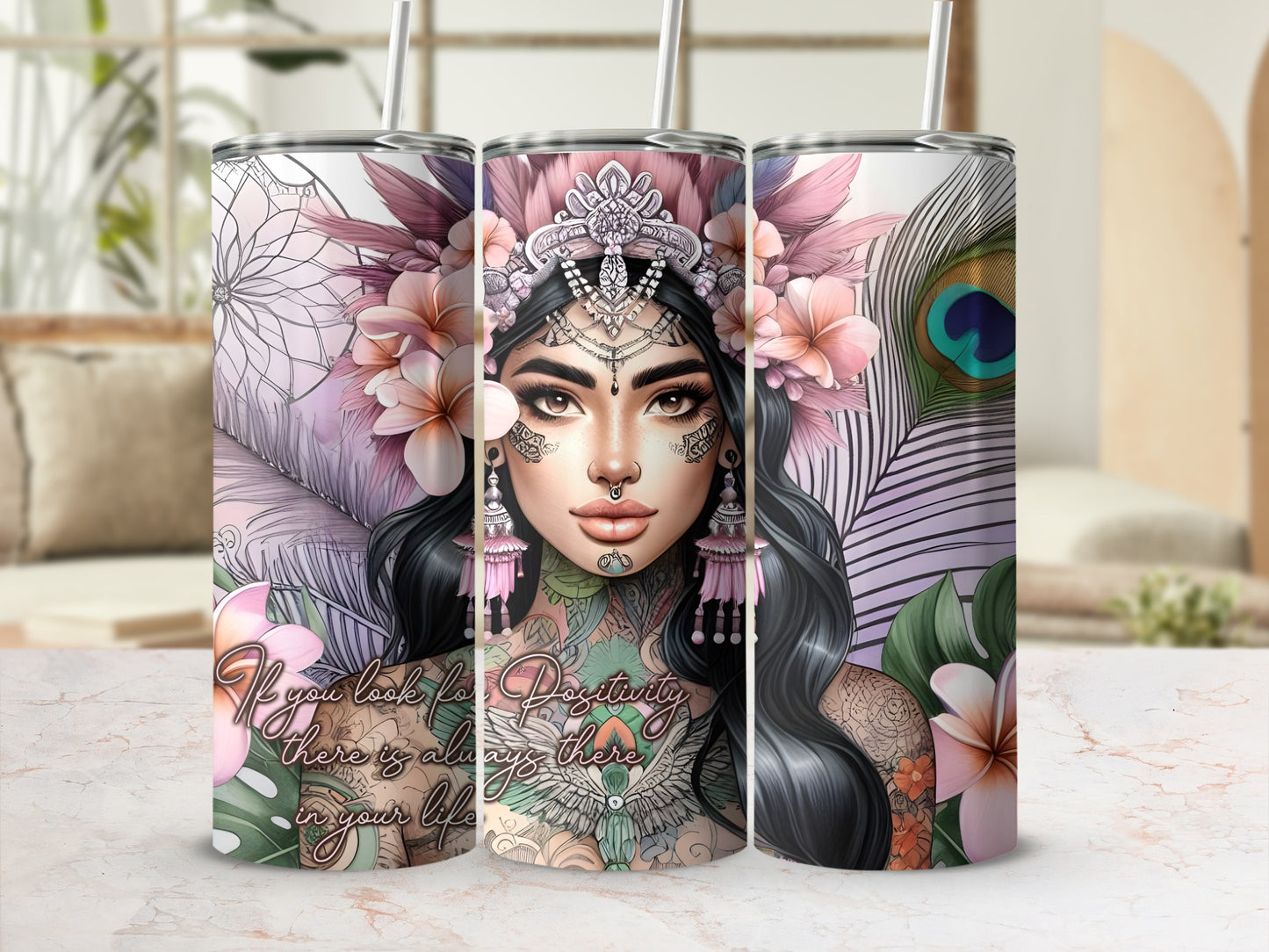 Tumbler with floral and peacock feather design and inspirational quote.