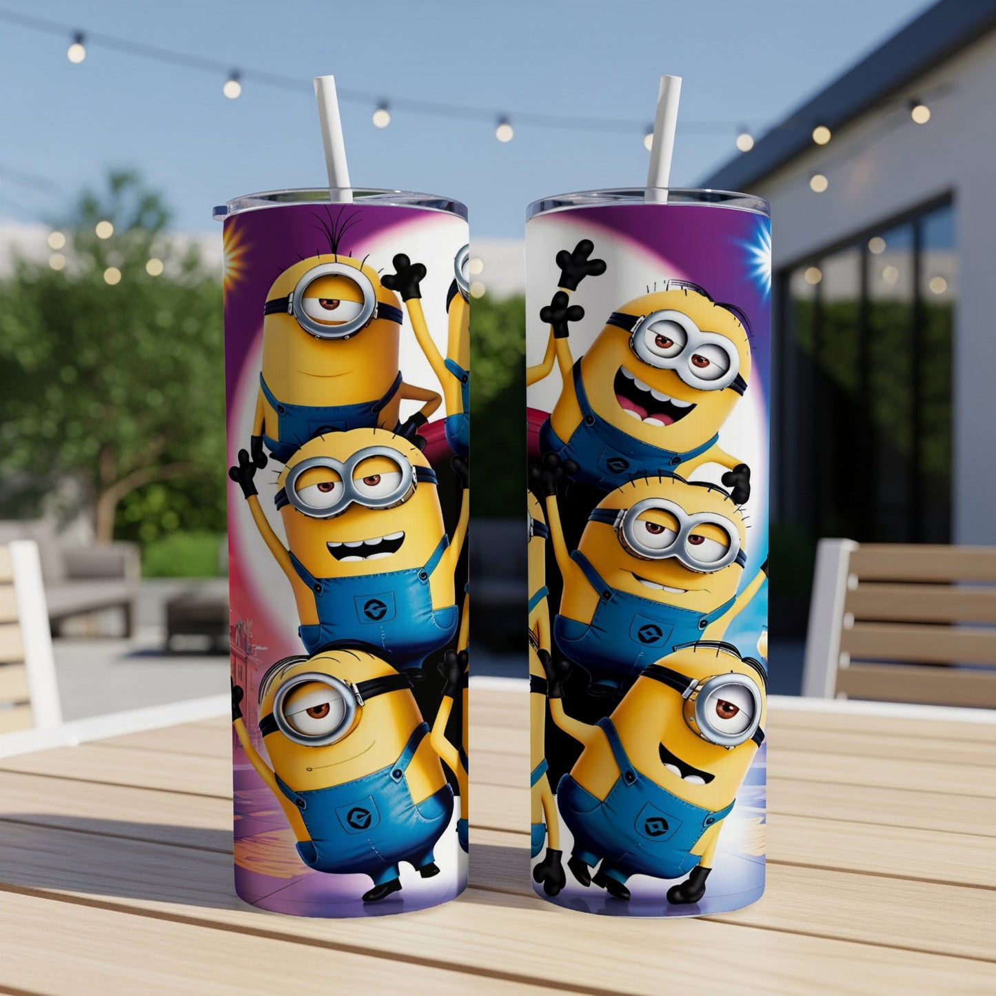 Two Minion character tumblers with a playful background.