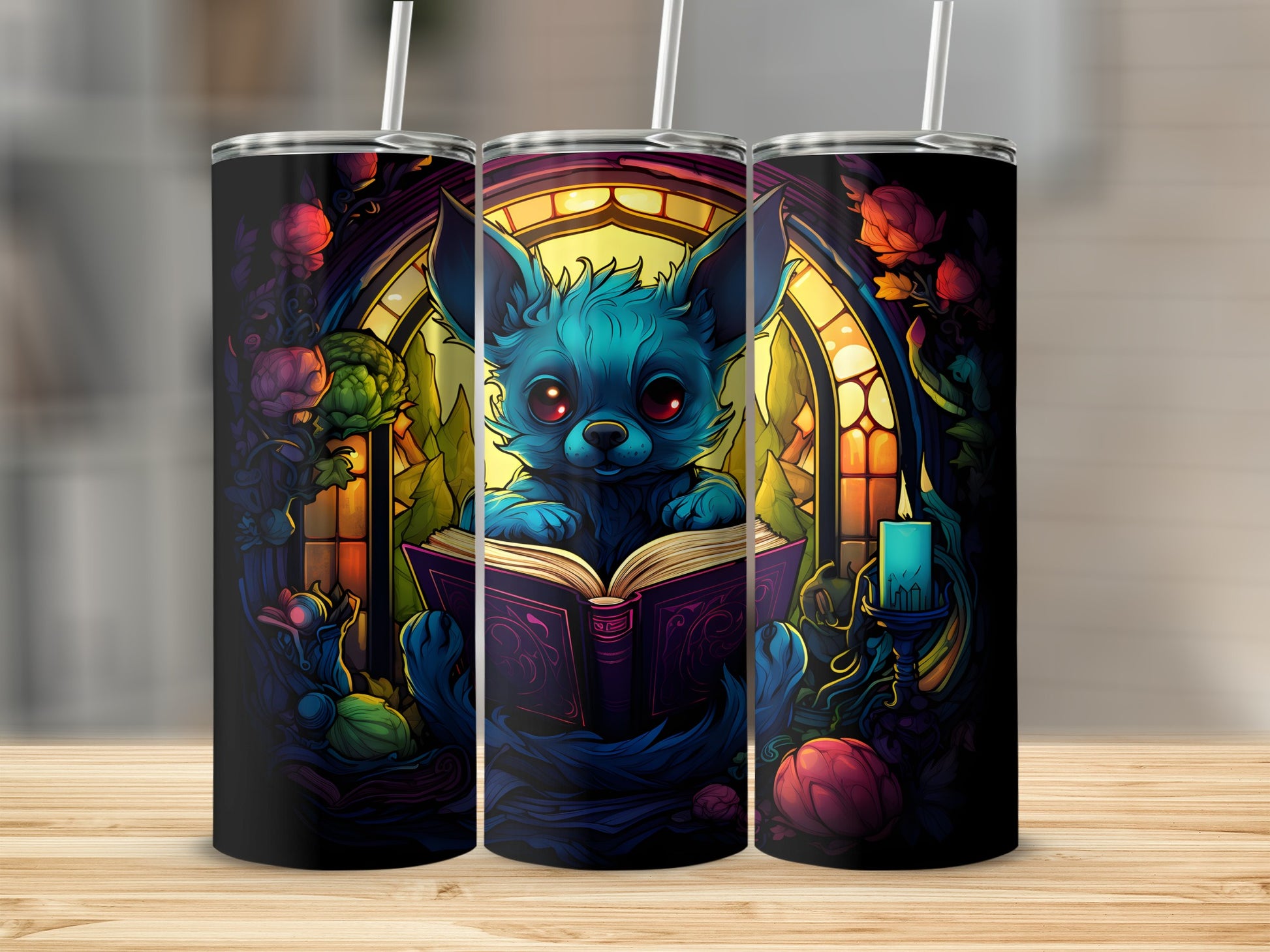 Blue cartoon dog reading a book with stained glass window and flowers.