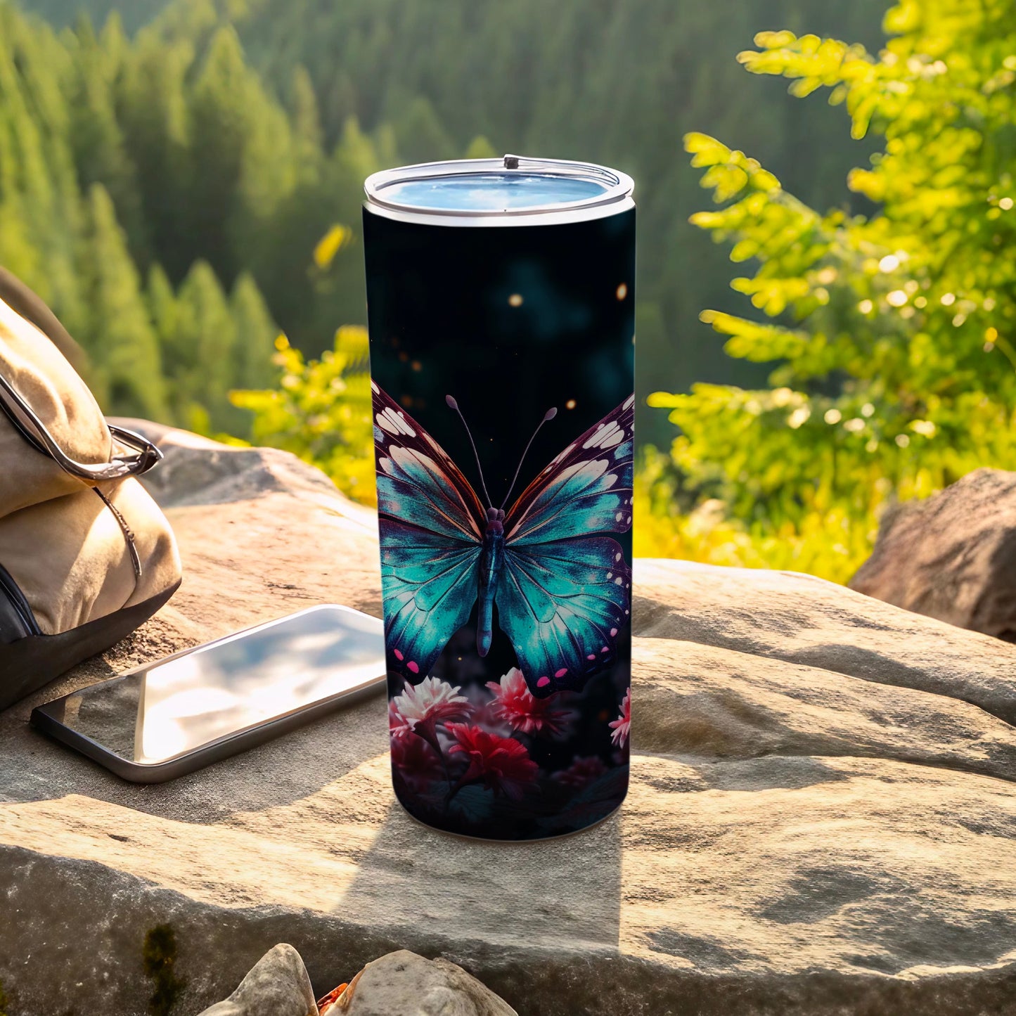 Enchanting Teal Butterfly Floral Night Tumbler product type
Butterfly, Floral, Tumbler, Drinkware, Nature, Insect, Wings, Blue, Teal, Pink, Flowers, Nightsky, Outdoor, Travel, Gift, Summer, Spring, Art, Design, Vibrant