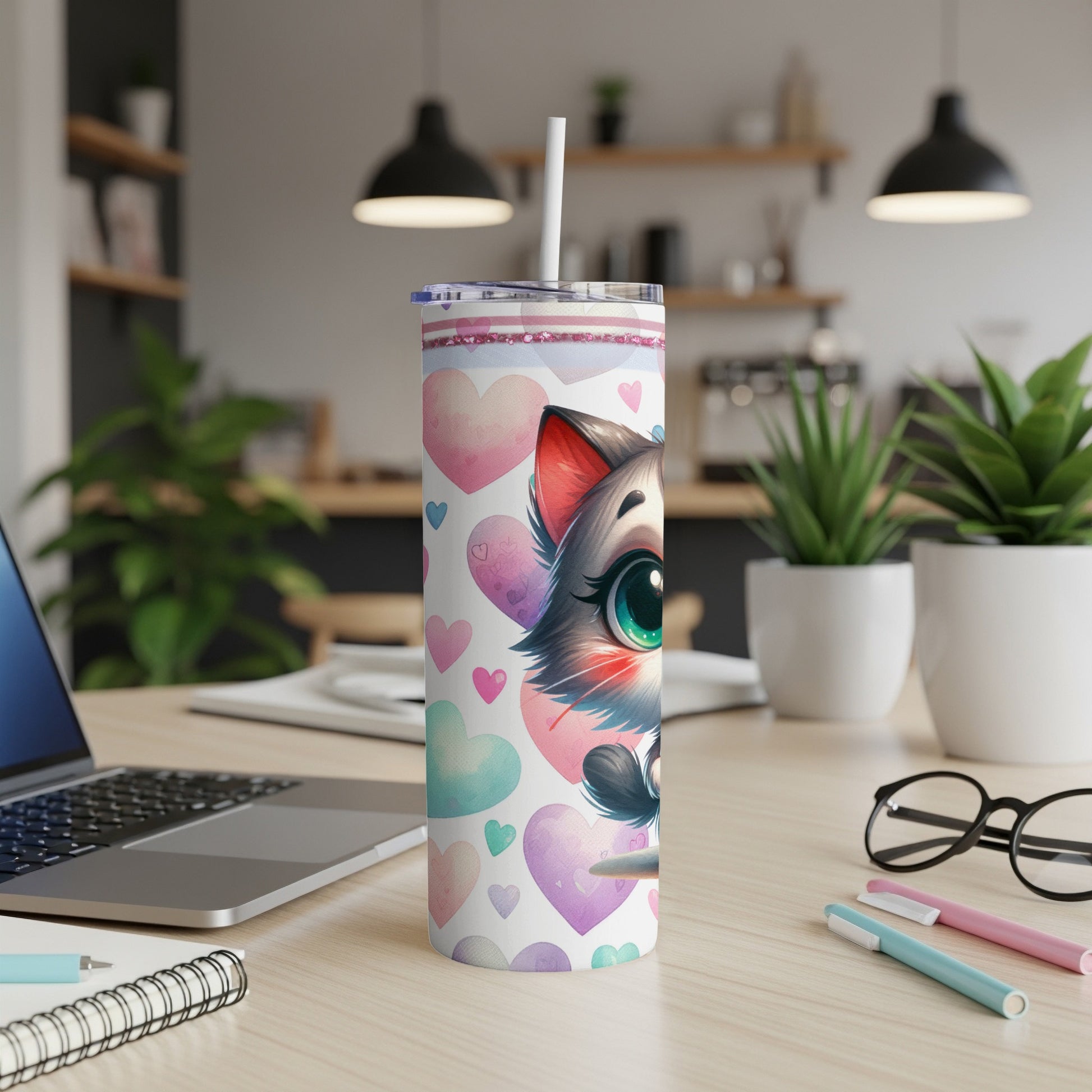 Cute cat with hearts on a white tumbler with a straw.