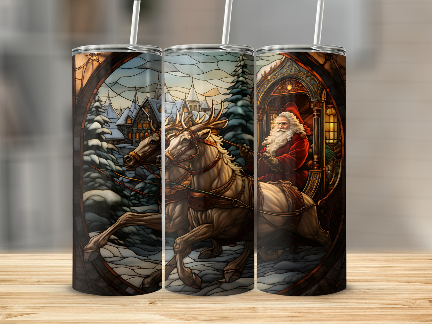 Santa in sleigh pulled by reindeer through stained glass winter village scene.