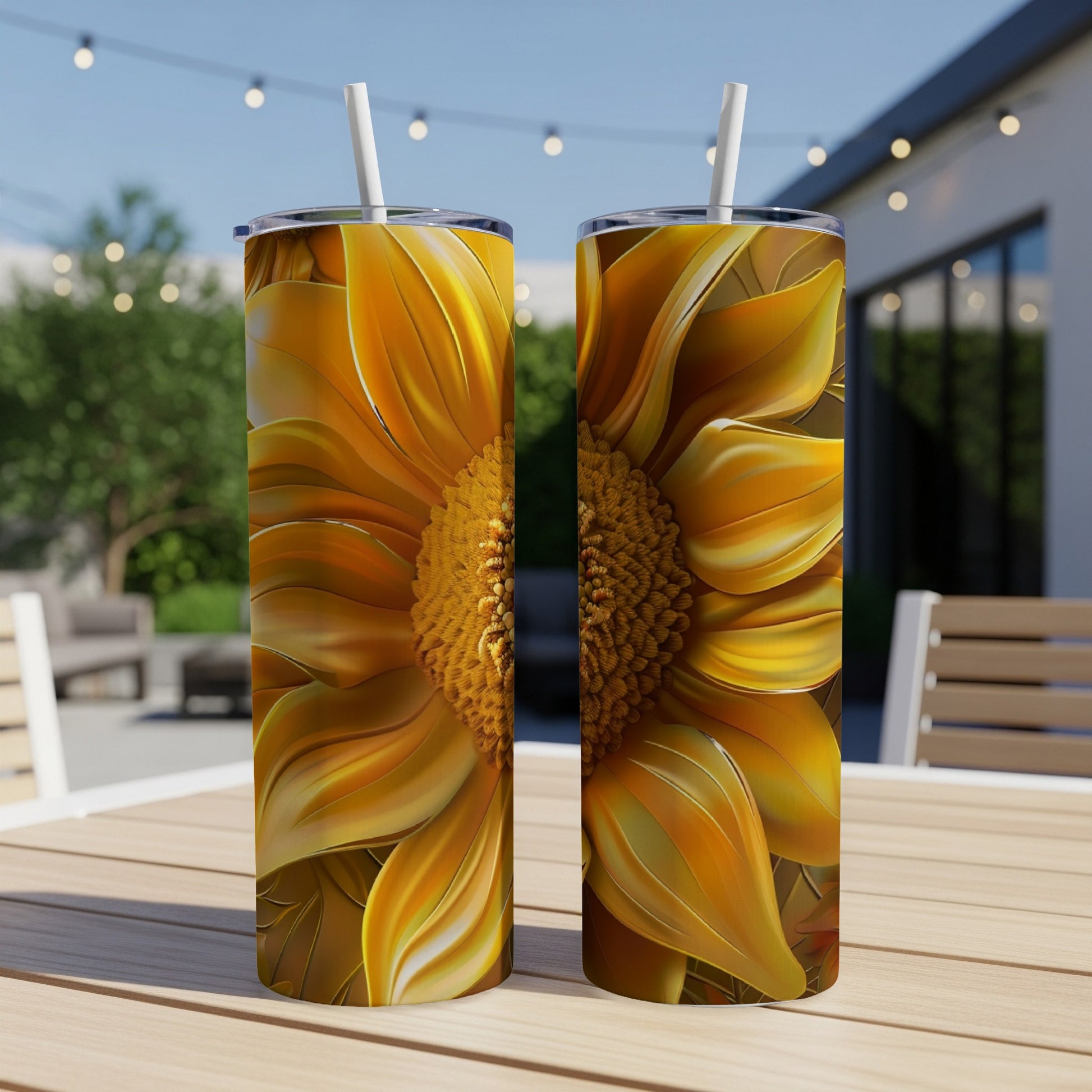 Two tall tumblers with a close-up sunflower design on a table.