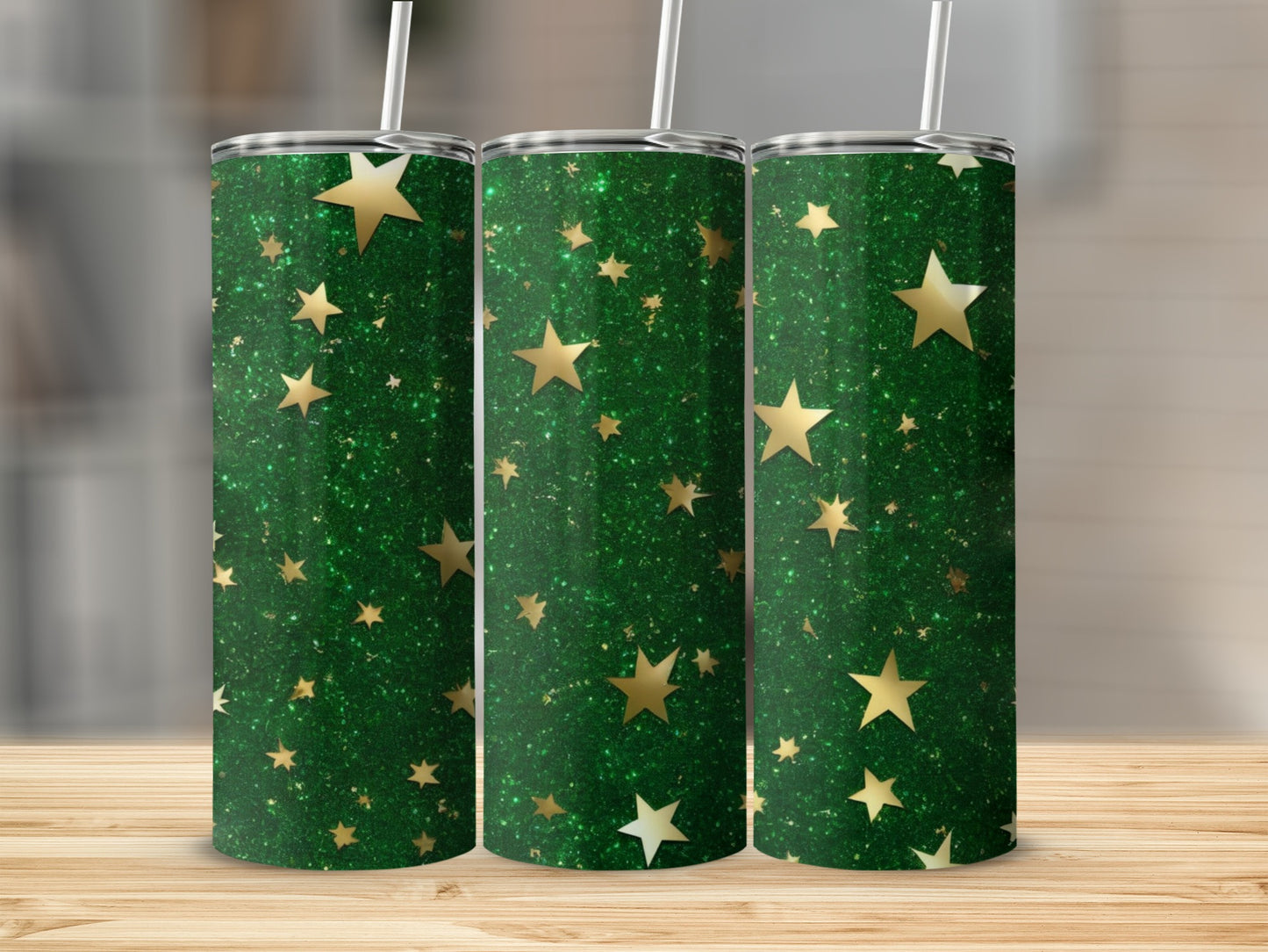 Green tumbler with gold star glitter pattern, shown from three angles.