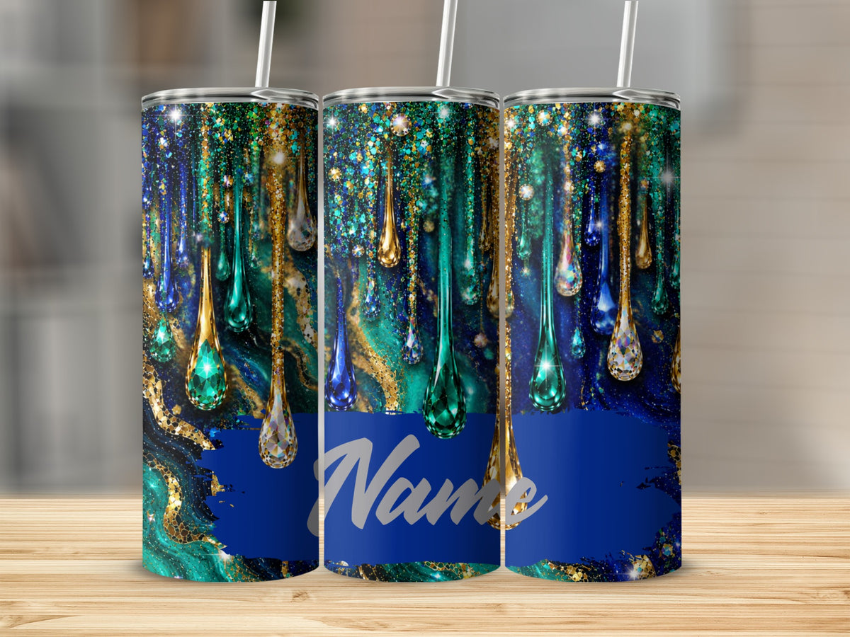 Three tumblers with a dripping jewel and glitter design, featuring "Name" placeholder.