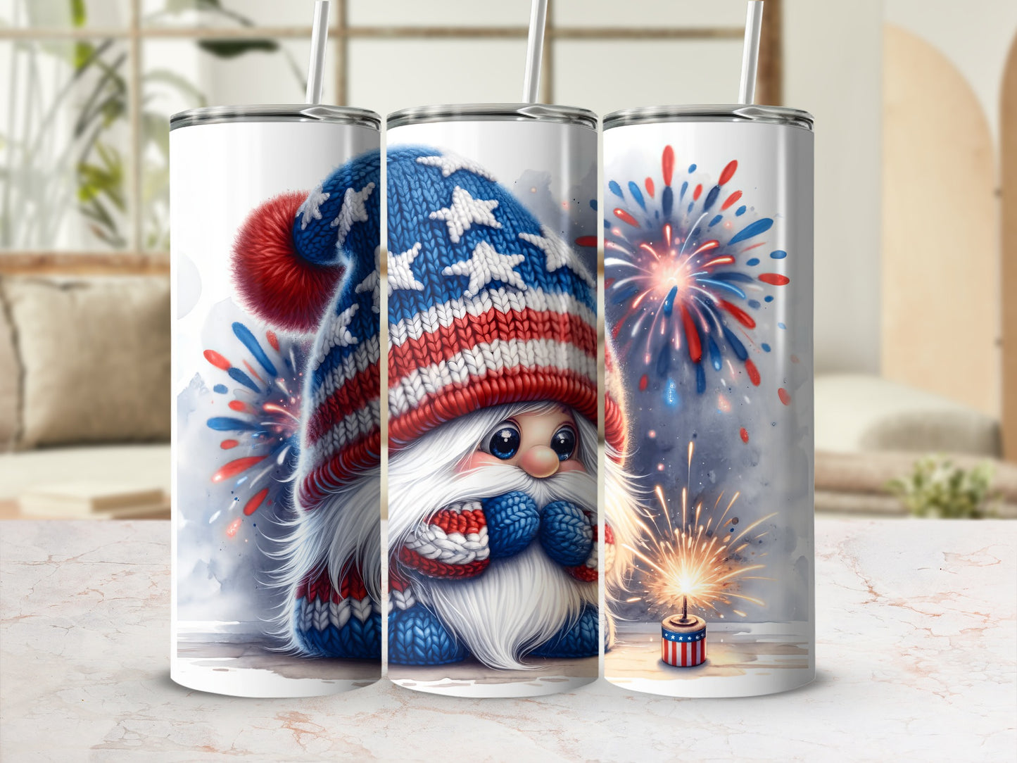 Patriotic gnome with fireworks on a tumbler.