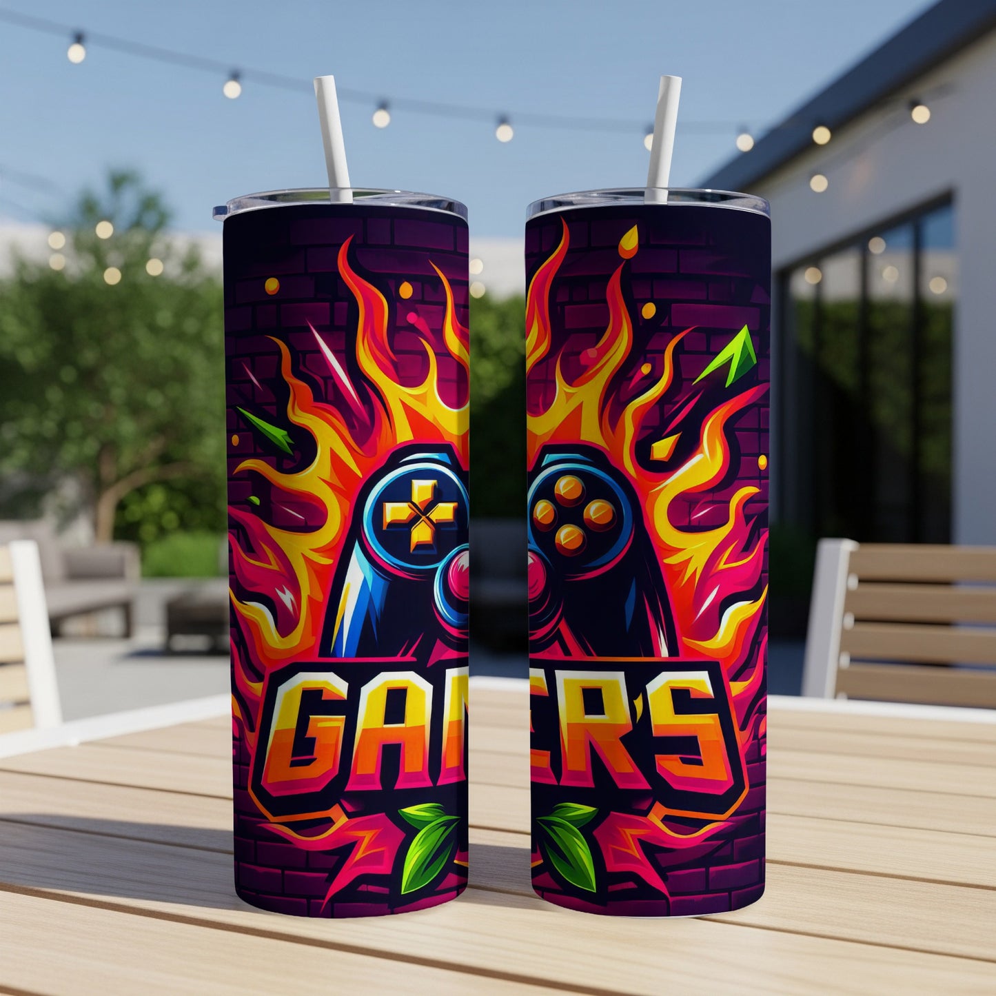 Two tumblers with a flaming gamer controller and "GAMERS" text design.