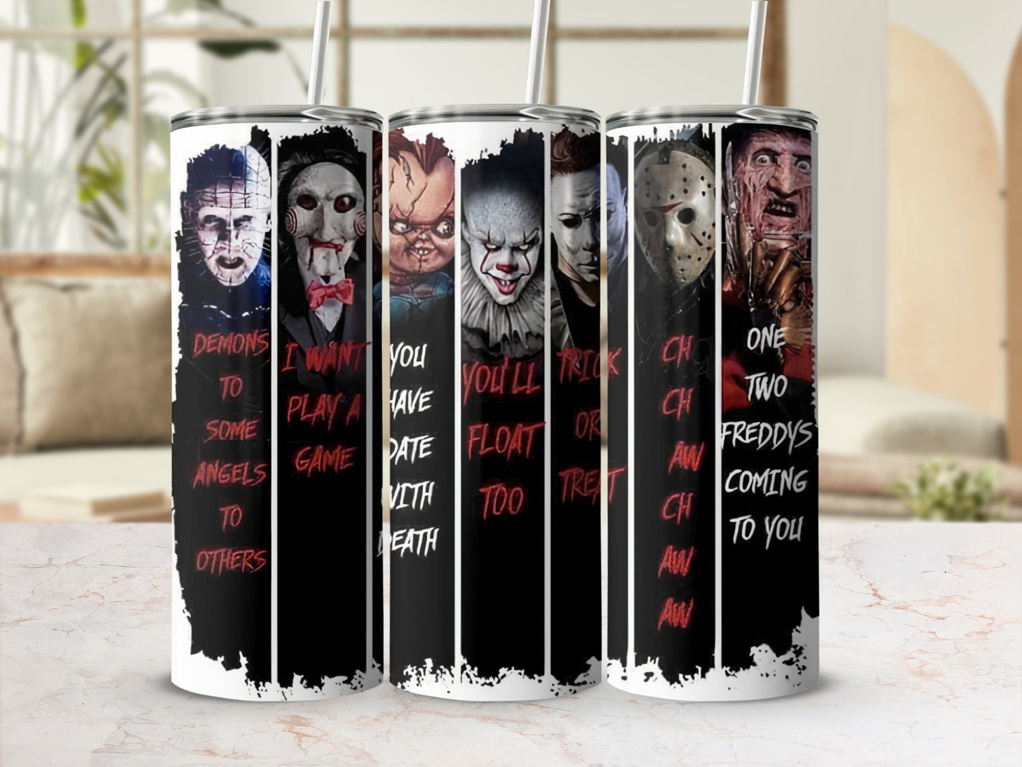 Horror movie character collage on a tumbler with text.