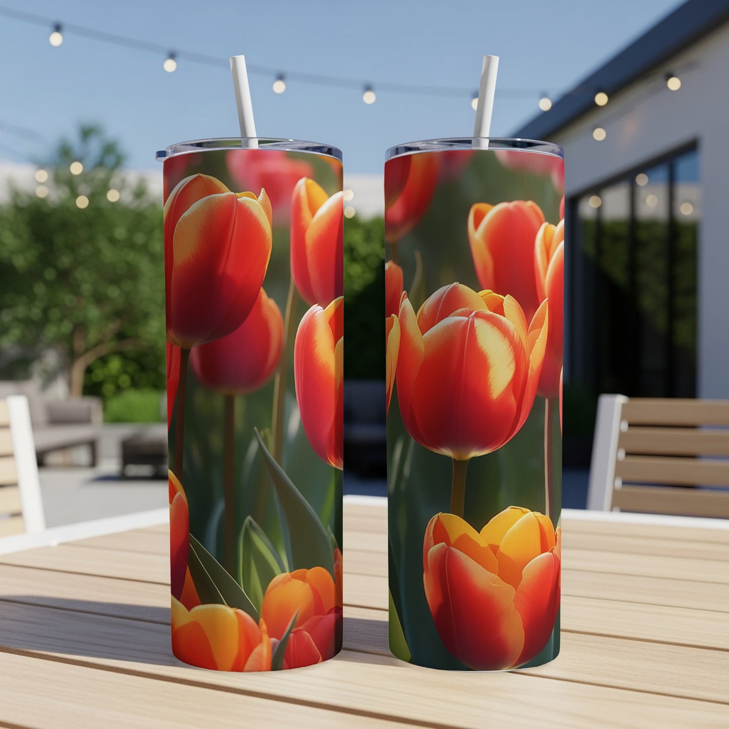 Two tumblers with red and orange tulip designs sit on a table.