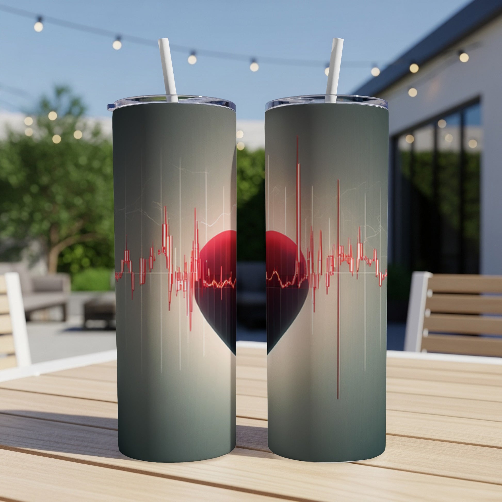 Two tall tumblers with a red heart and EKG line design.