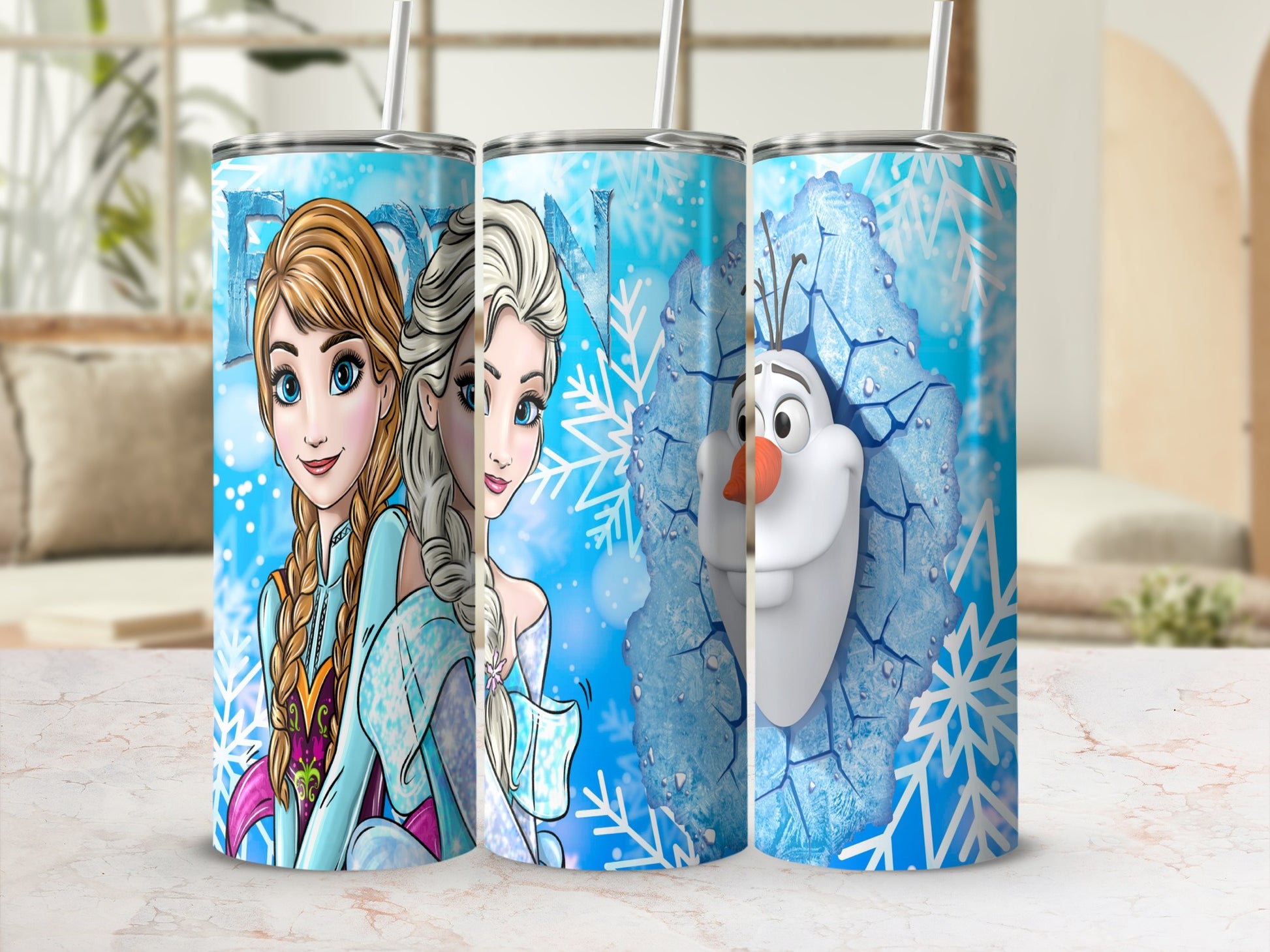 Anna and Elsa from Frozen with Olaf, on ice-themed tumblers.